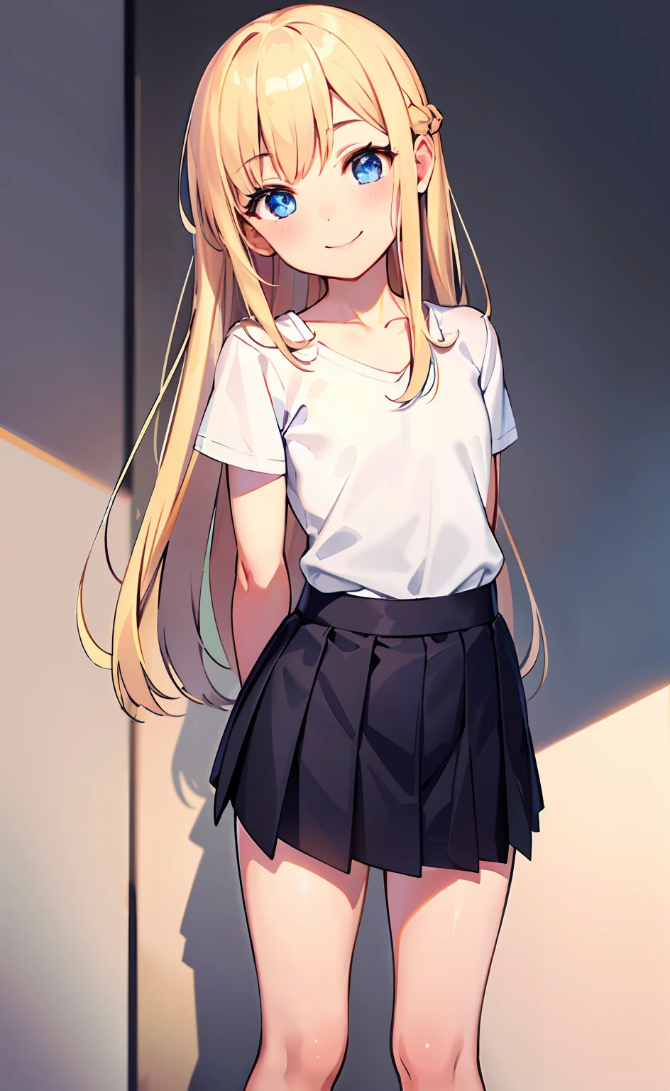 masterpiece, best quality, 1girl, young girl,standing, looking up at viewer, smile, long hair, blonde hair, blue eyes, black skirt, pleated skirt,short sleeves, white shirt,bare legs, slim body,((flat chest)), ((arms behind back:1.3)), cute, head tilt