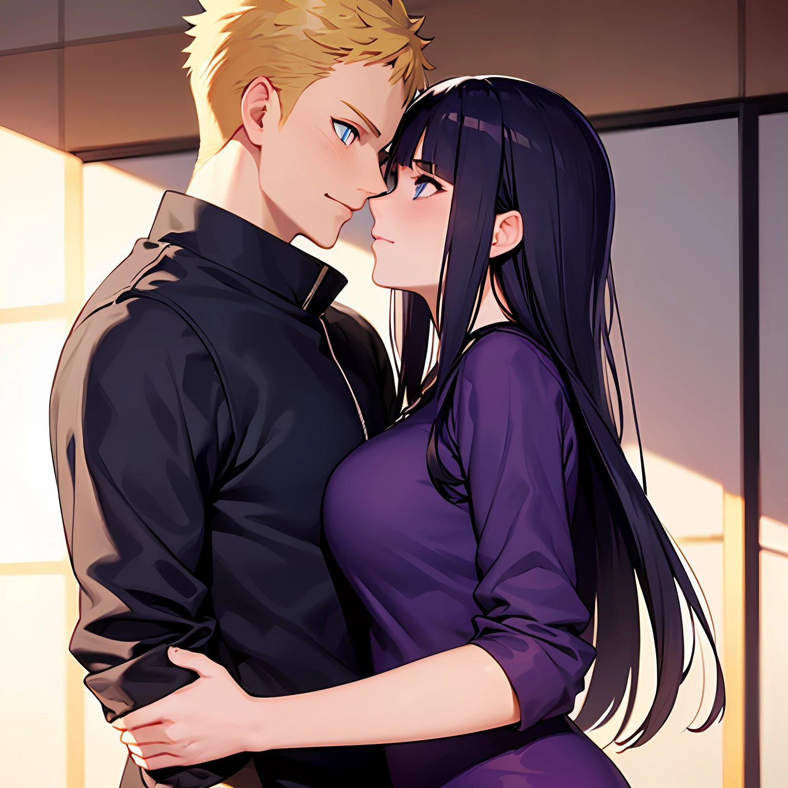 blonde man, dark blue hair girl, naruhina, hug, masterpiece, couple, blue eyes man, purple eyes girl