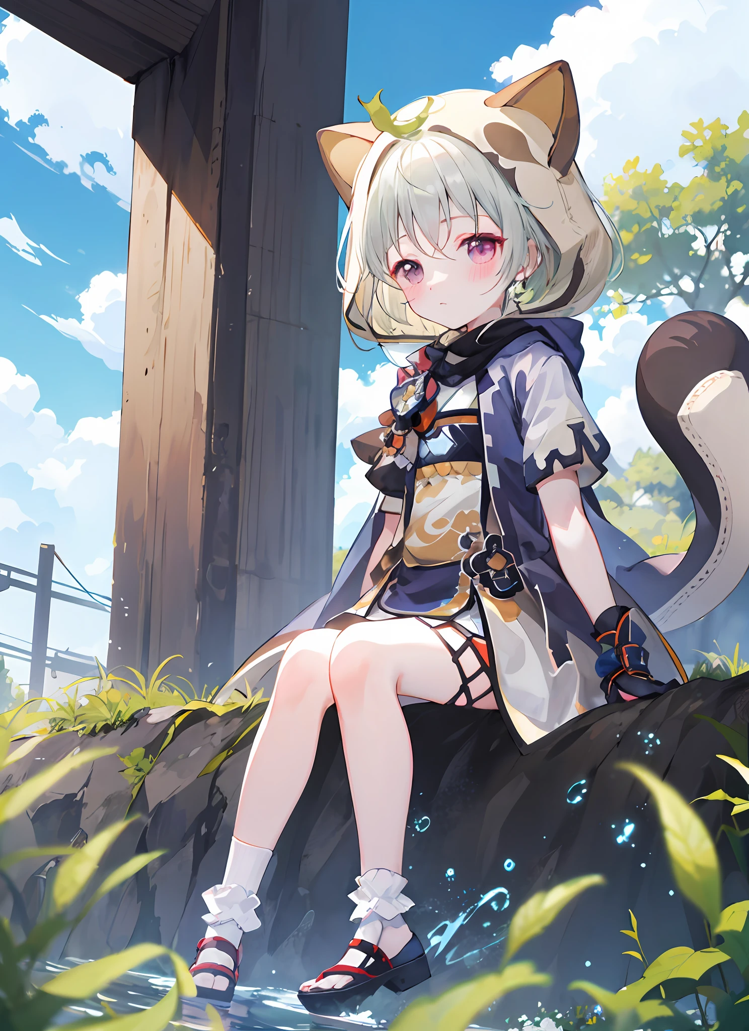 blush, outdoors, daytime, simple background, blue sky, rippled hair, sky, looking at the audience, , very cute expression, small short legs, avatar, white over-the-leg socks, white dress,
