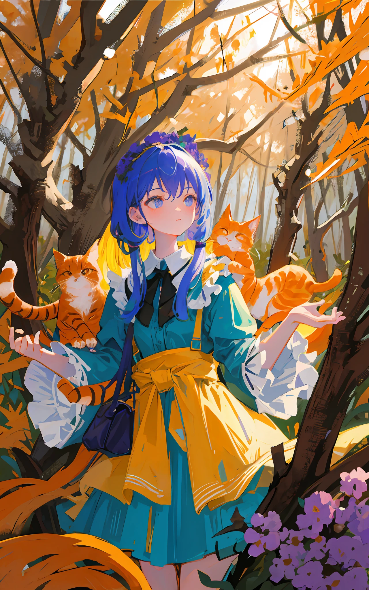 Western drawing of alice in wonderland with her orange cat in autumn in a forest with purple flowers and blue cups.