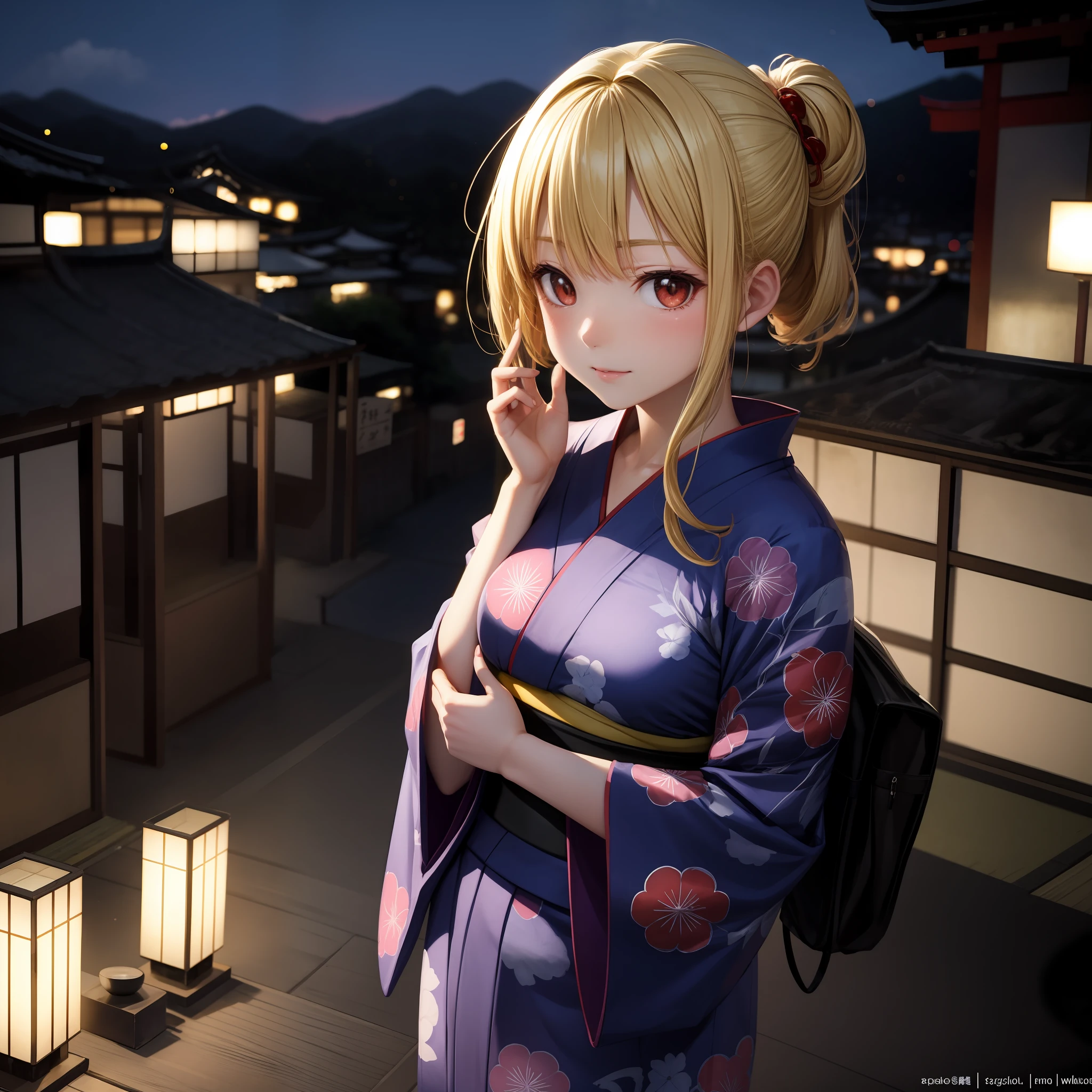 anime, blonde and red-eyed girl, beauty, yukata, kyoto, kyoto.