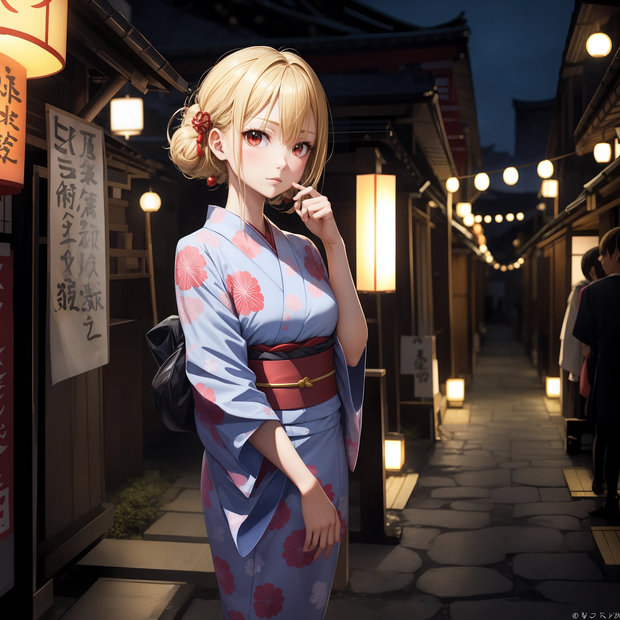 anime, blonde and red-eyed girl, beauty, yukata, kyoto, kyoto.