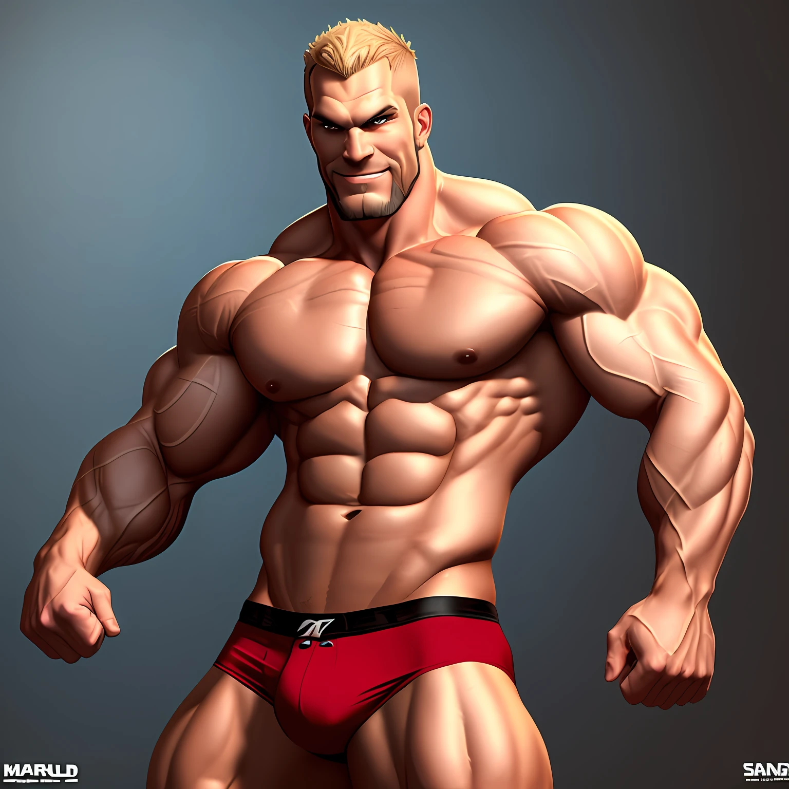 Arafed man with a mischievous smile and red underwear posing for a photo, concept art inspired by Rob Liefeld, featured in central zbrush, hairy art, man with sadistic sneer, muscular, meatloaf pose, muscular character, beefy, bulging muscles, muscular werewolf, bodybuilder's body, muscular gigachade, shirtless technoviking male --auto