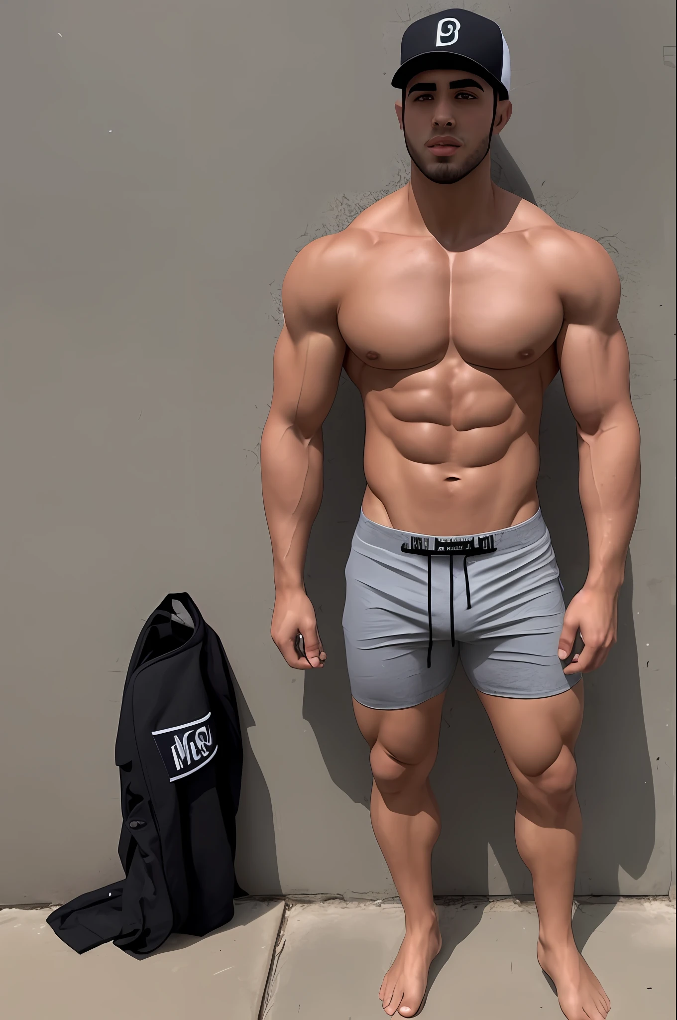 Full body view, realistic photo, A strong and handsome 23-year-old Middle Eastern man, with a sculpted physique, confidently dressed in a baseball cap and a stylish compression shorts, highlighting his striking cleft chin and muscular arms, barefoot. Dramatic lighting, mega Gigachad.