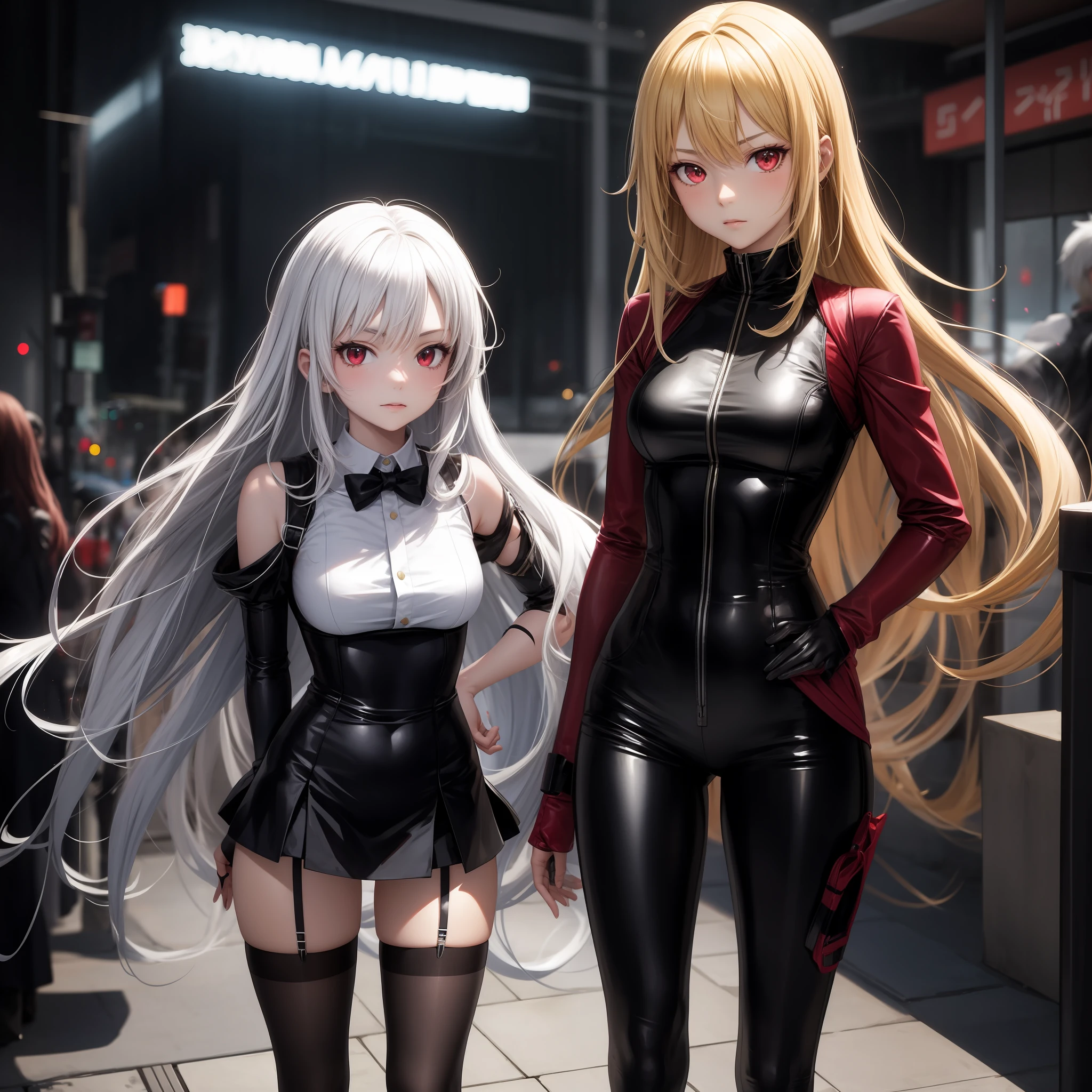 anime, girl, blonde girl with red eyes, girl with white hair with red eyes, spats