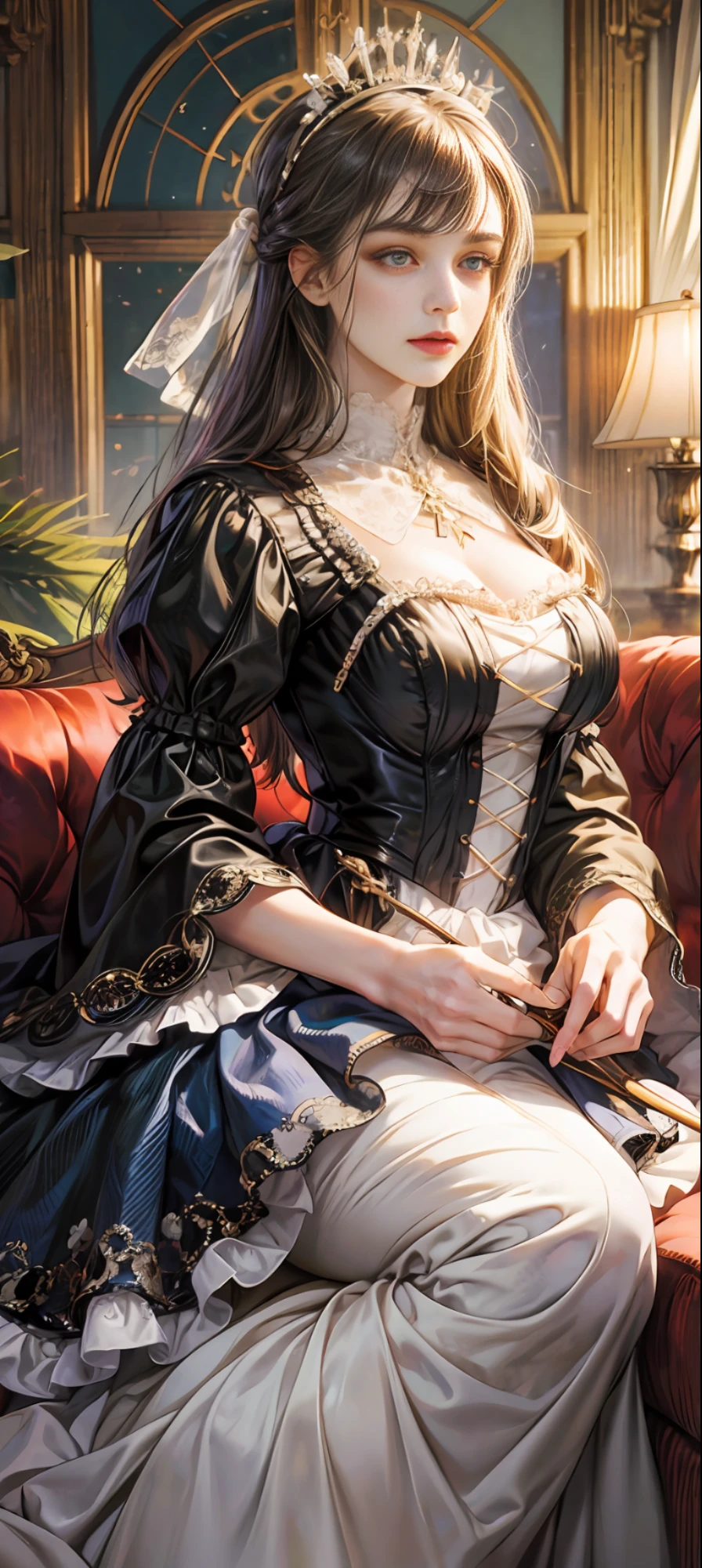 (Pure Color: 0.9), (Color: 1.1), (Masterpiece: 1,2), Top Quality, Masterpiece, High Resolution, Original, Highly Detailed Wallpaper, Beauty, Beauty, Victorian, Dress, Long Skirt, Melancholy, Big Breasts, --auto --s2