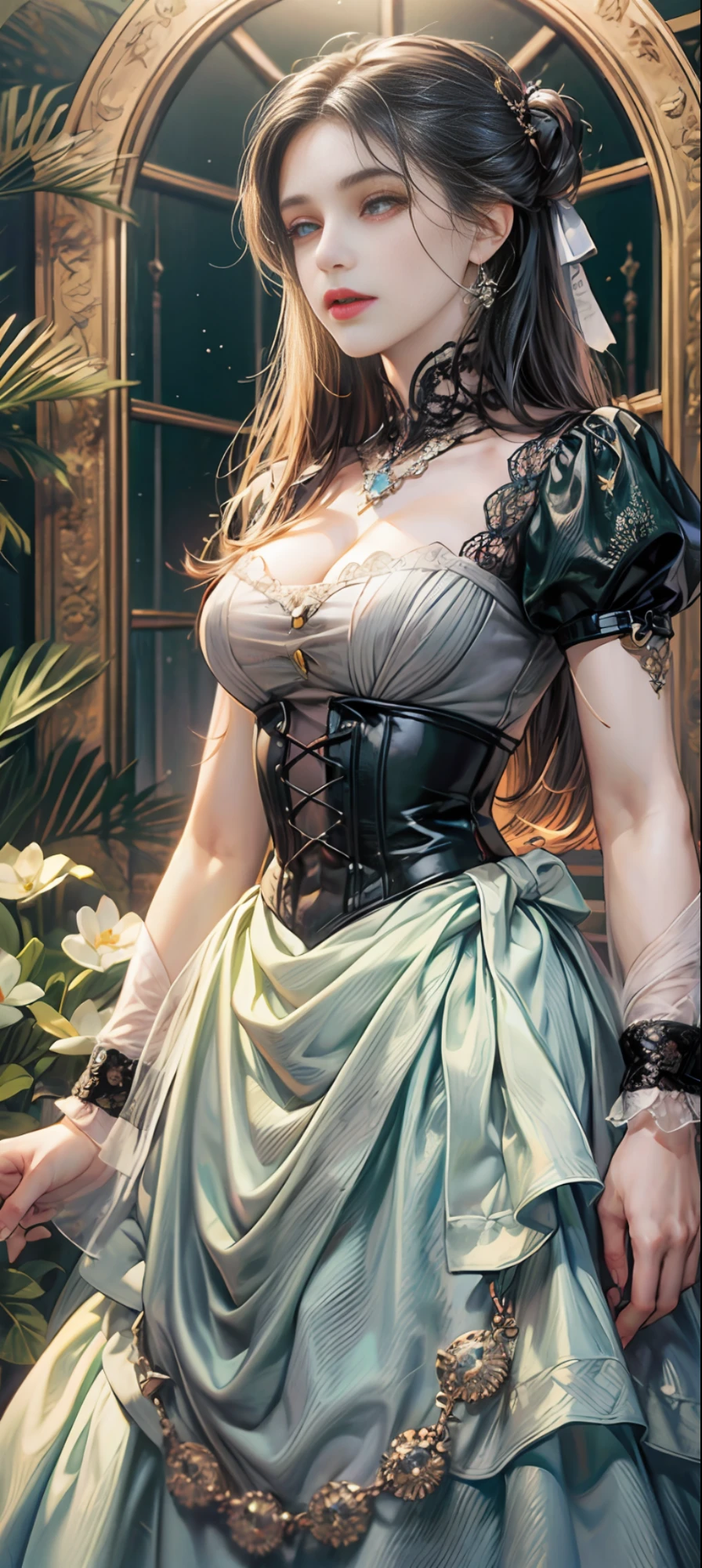 (Pure Color: 0.9), (Color: 1.1), (Masterpiece: 1,2), Top Quality, Masterpiece, High Resolution, Original, Highly Detailed Wallpaper, Beauty, Beauty, Victorian, Dress, Long Skirt, Melancholy, Big Breasts, --auto --s2