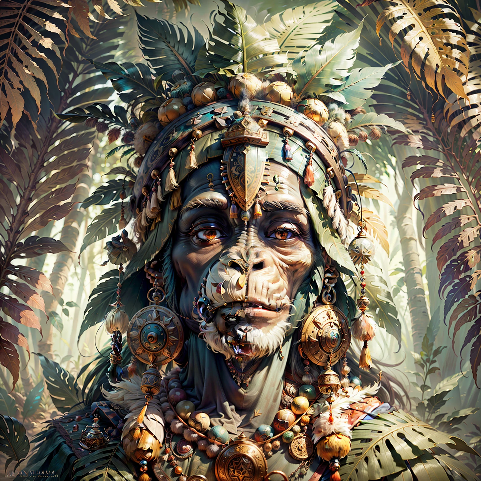 Cheerful Chimpanzee Head ((Shaman)),((meditative state),,Shaman, elegant chimpanzee, hair with details, with Indian headdress on head, ((meditating)) many colorful feathers, colored feathers, facing the camera, detail: dense tropical foliage, highly detailed intricate, ((masterpiece)), ultra hyperrealistic, masterpiece