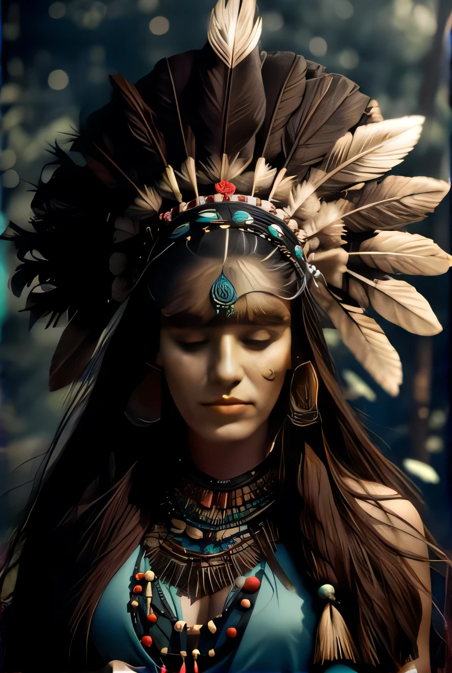 a woman in a native american headdress with feathers on her head, : native american shamen fantasy, wearing crown of bright feathers, aztec princess portrait, headdress, a young female shaman, beautiful young female shaman, ornate headdress, feathered headdress, she is dressed in shaman clothes, native american, american indian headdress, centered headdress, gothic maiden shaman