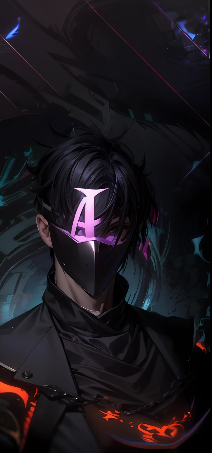 A young man with short black hair with a mask covering his entire face, on the mask there is a purple L, ( ( mask ) ), mask vega, light face [[purple]] [mask], mask without sharpness, unknown art style, anime style. 8k, visor, mask is complete, dark background, shadow world background, purple, purple L, man, short hair,