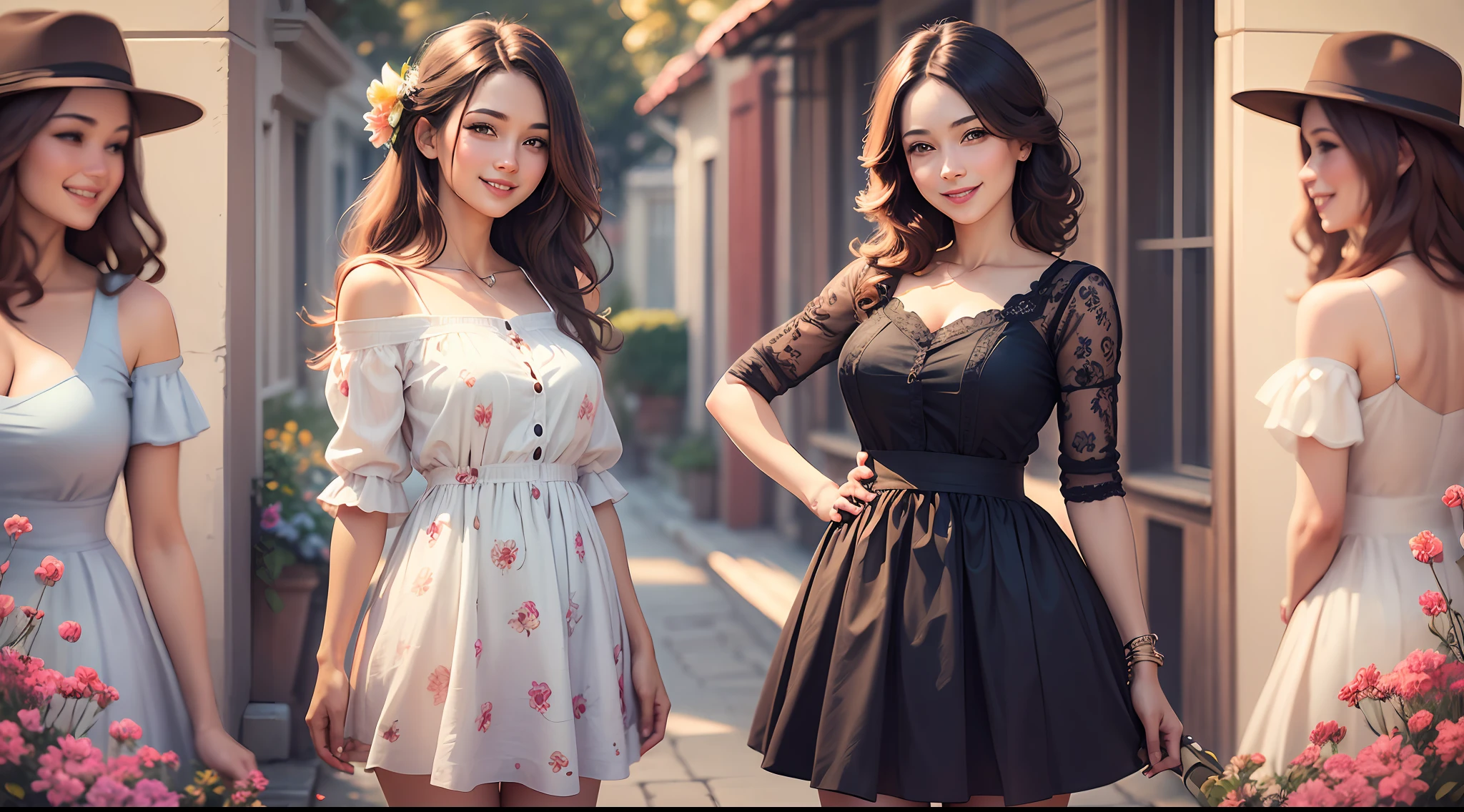 (three happy smiling women), chatting, one sunset, (a beautiful flower garden), full body, (beautiful face), (detailed face), (casual clothing), perfect quality, (Realistic: 1.2), (Best quality), (Detailed skin: 1.3), (Intricate details), (8K), (Detail eyes), (Sharp focus)