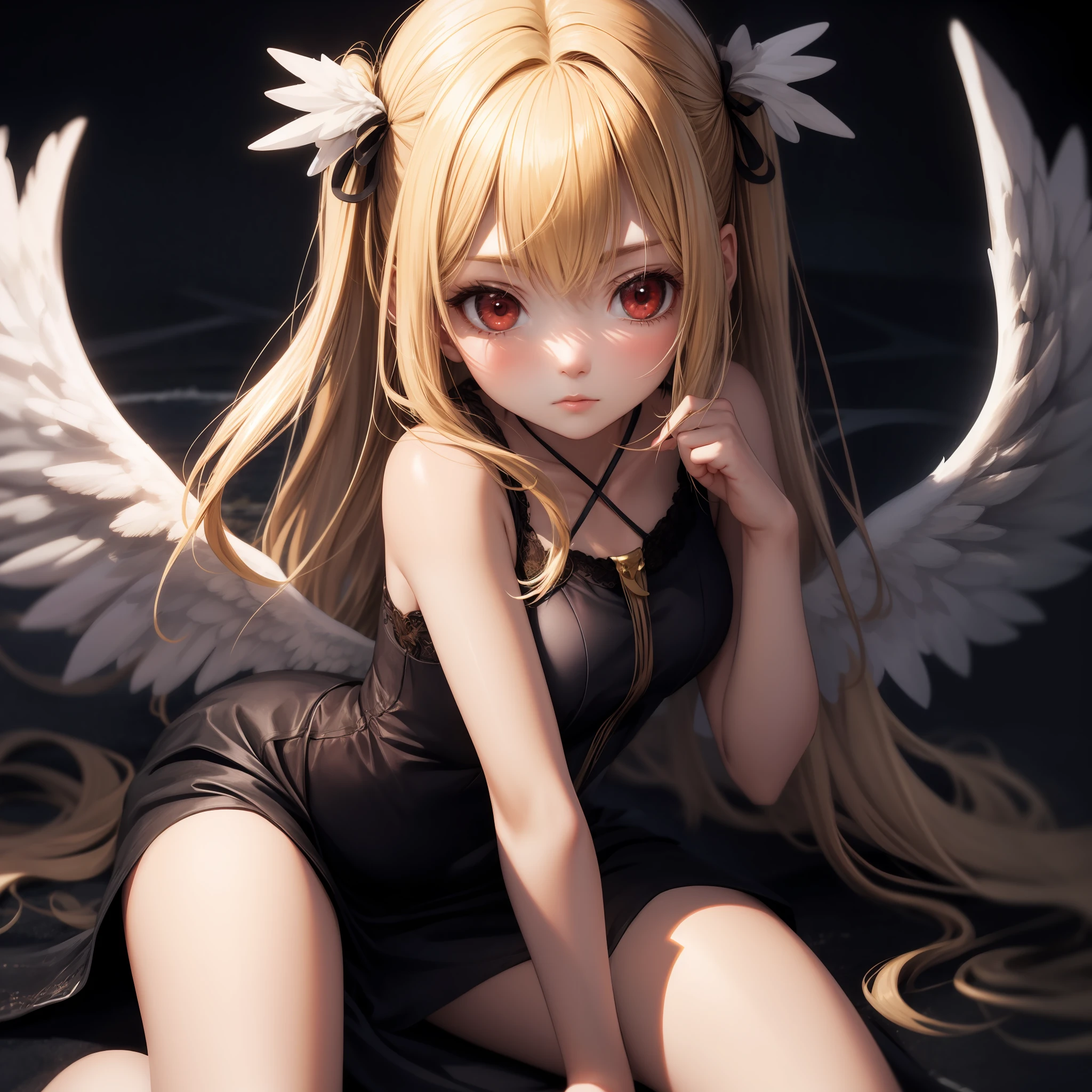 blonde, red eyes, girl, alone, solo, 1girl, angel wings,