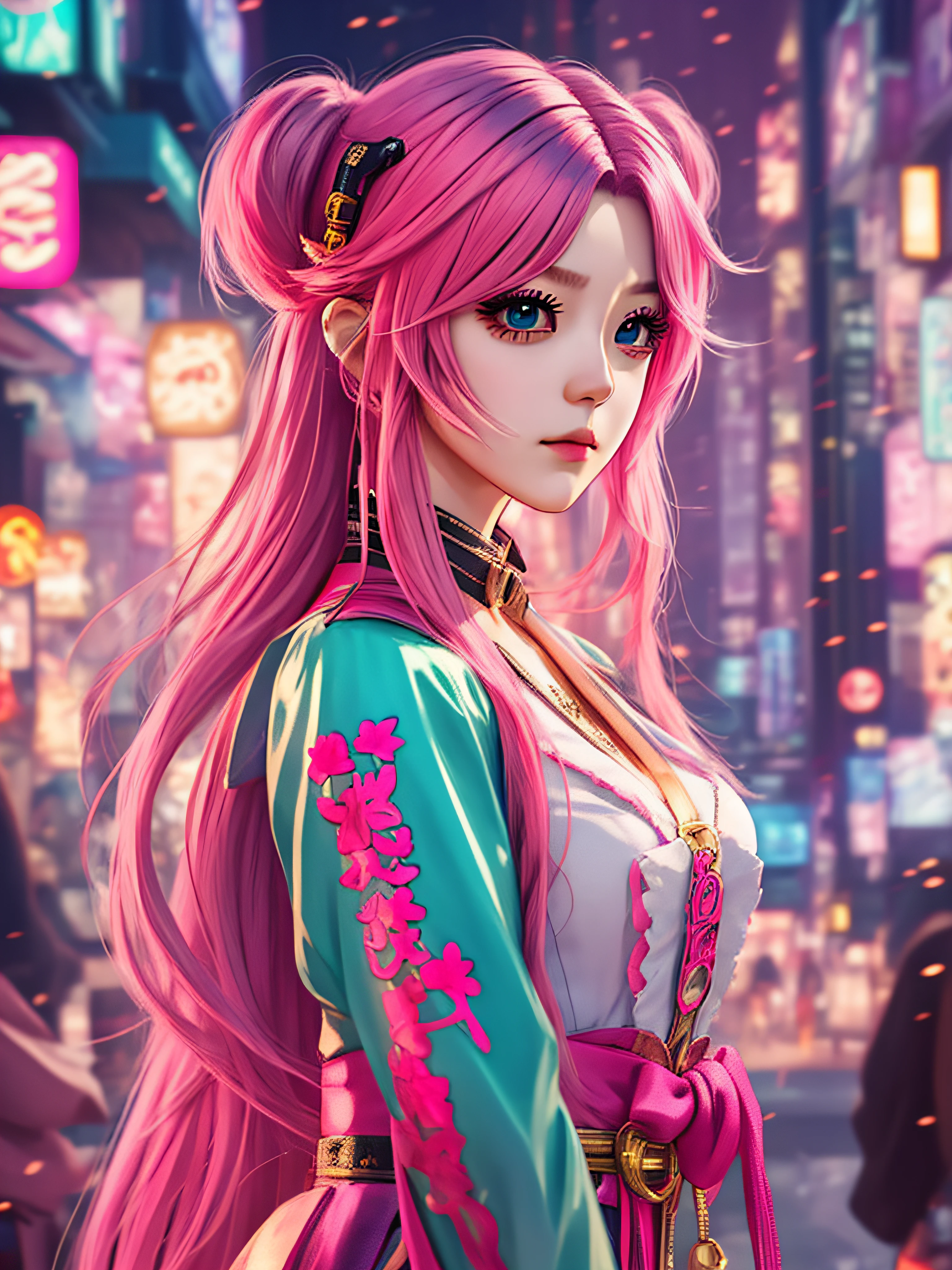 woman with half pink hair, anime girl cosplay, anime cosplay, cosplay, cosplay photo, portrait, cosplayer, professional cosplay, cyberpunk, full-cosplay, captured on canon eos r 6