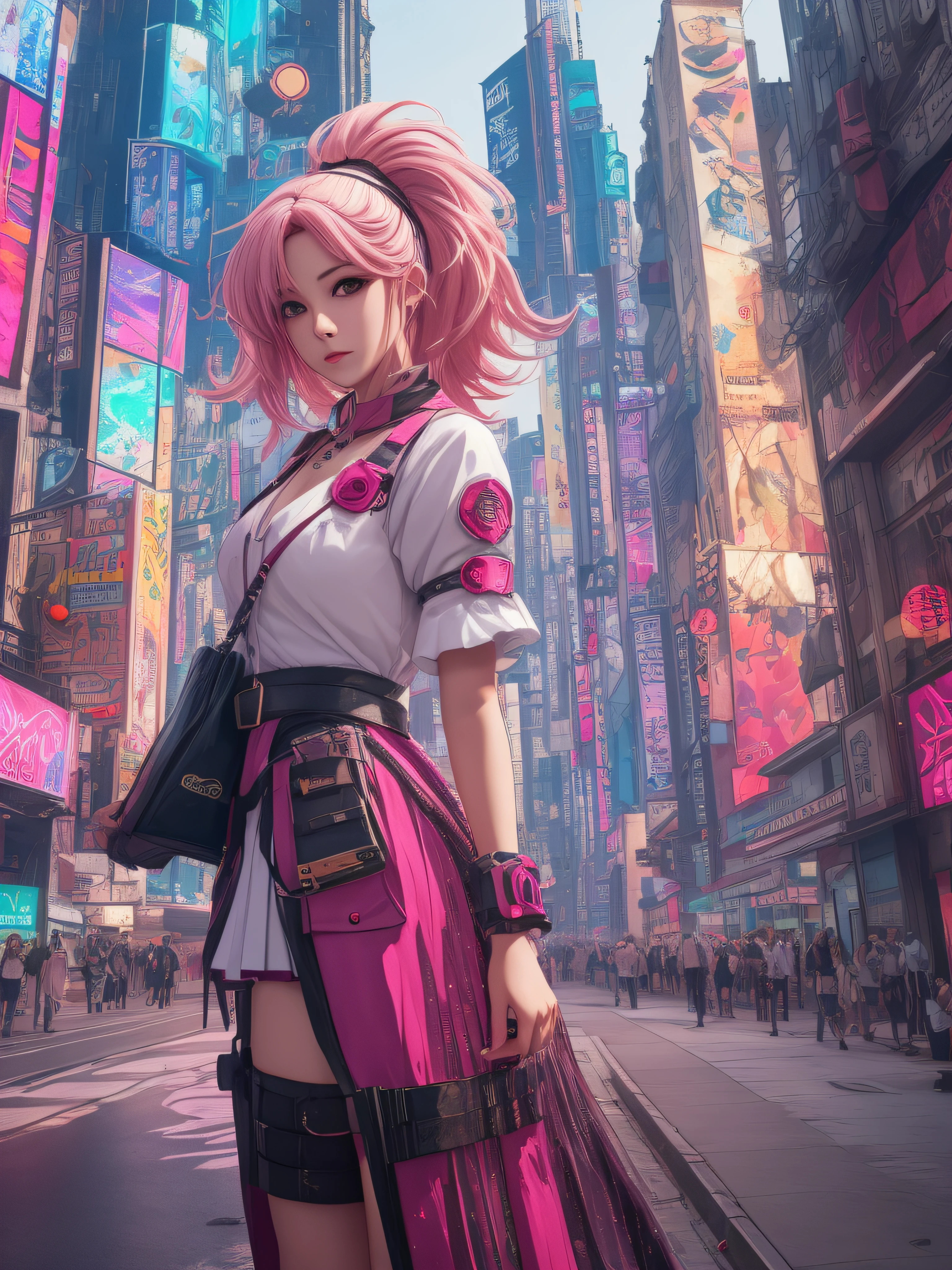 woman with half pink hair, anime girl cosplay, anime cosplay, cosplay, cosplay photo, portrait, cosplayer, professional cosplay, cyberpunk, holy city background