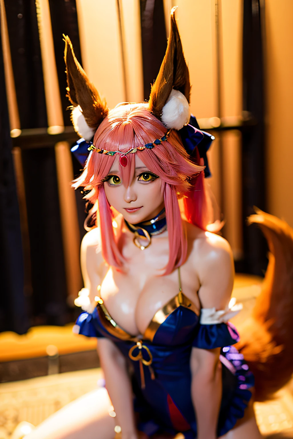 tamamo_\(fate\), animal_ears, fox_ears, fire, pink_hair, tamamo_no_mae_\(fate/extra\), fox_tail, 1girl, tail, breasts, sunset, yellow_eyes, large_breasts, navel, cleavage, fox_girl, detached_sleeves, burning, candle, molten_rock, embers