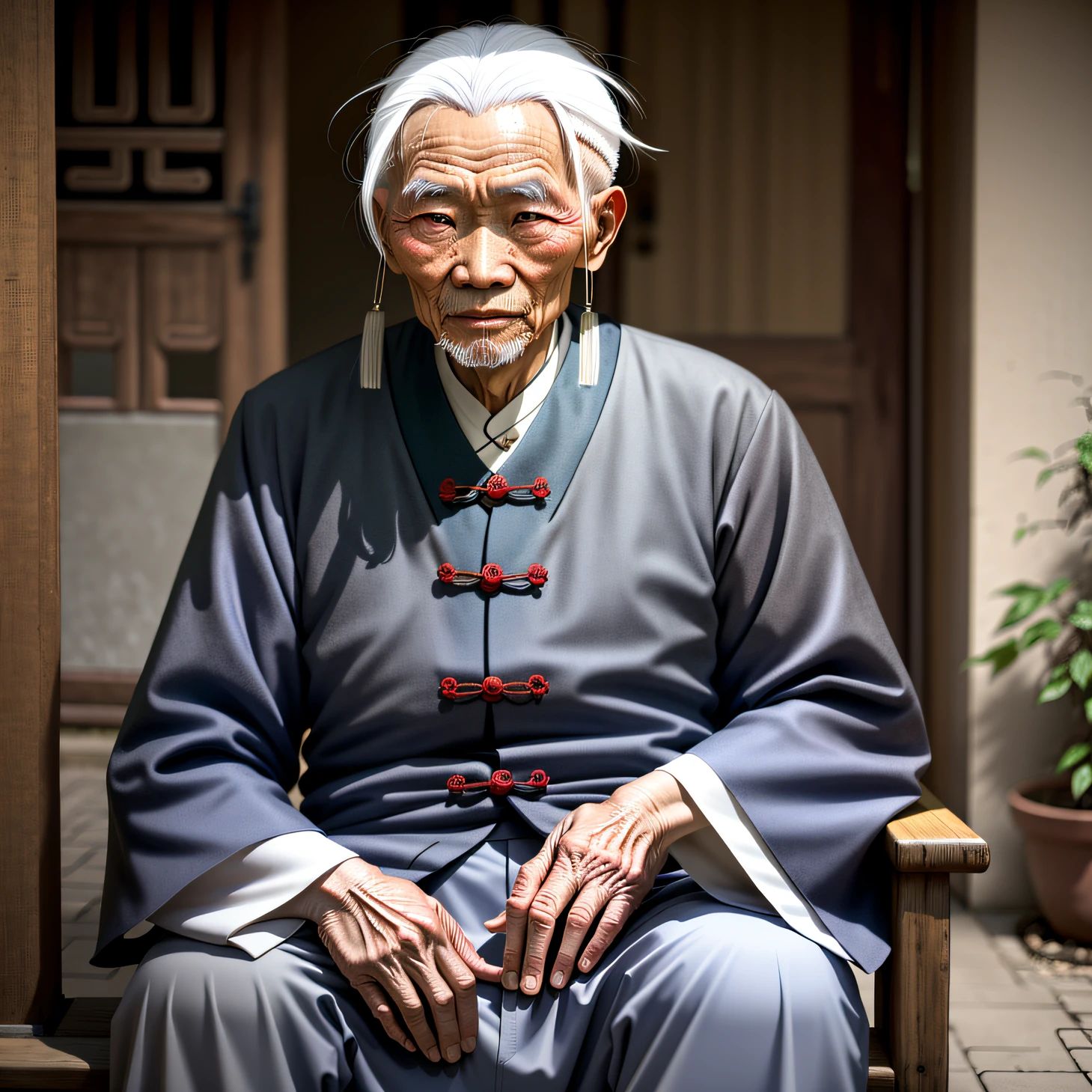 An old Chinese man with a hat, long white beard looking at you, dark face, cigarette bag in hand, sitting quietly at the entrance of the village, photography, 8K, high detail --auto
