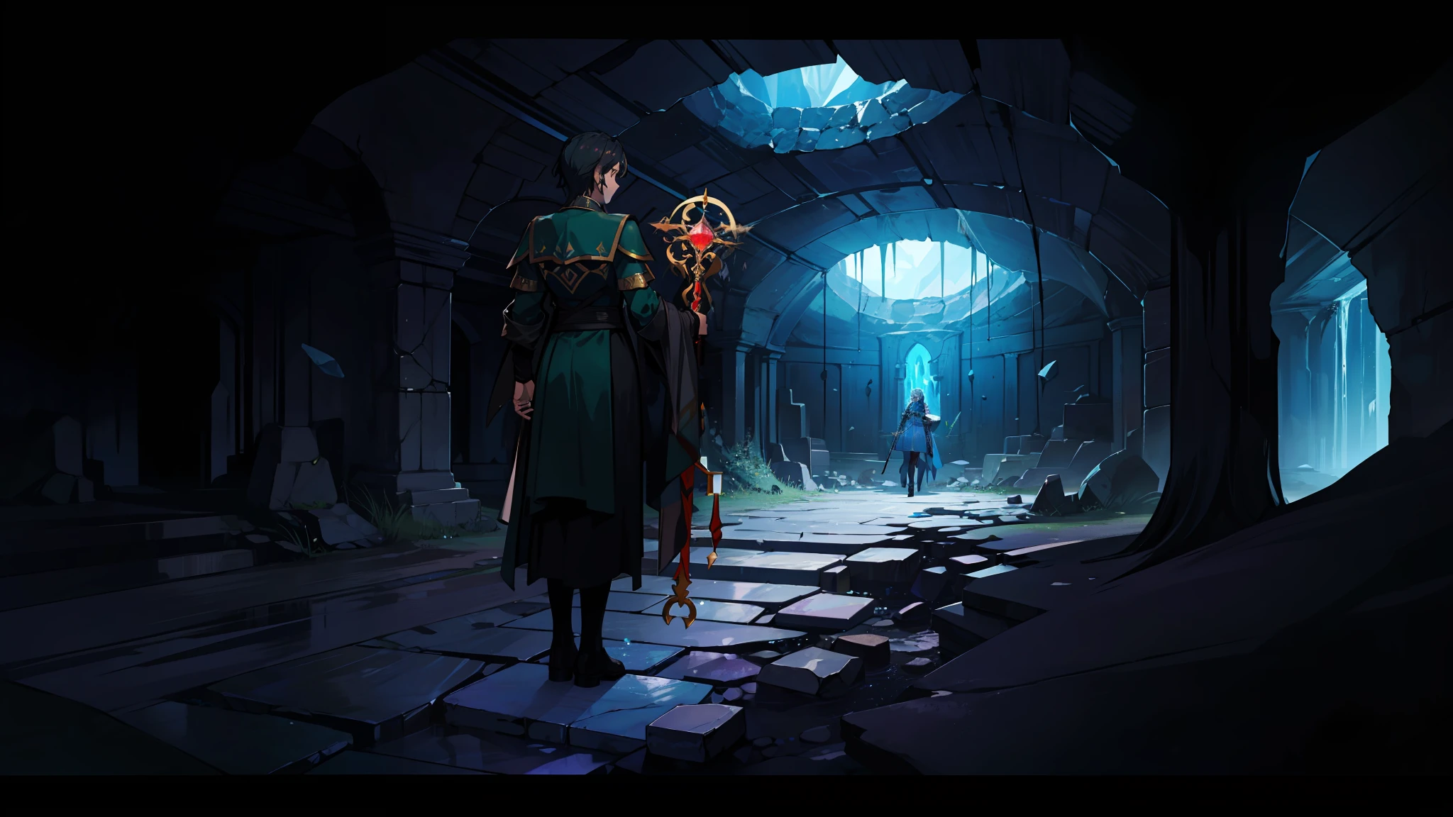 Mage in underground chamber with staff, surrounded by crystals. Fantasy background. Cave filled with rough, uneven stones, cracks, and dim-light. (Masterpiece: 1.2) (Best quality: 1.3)