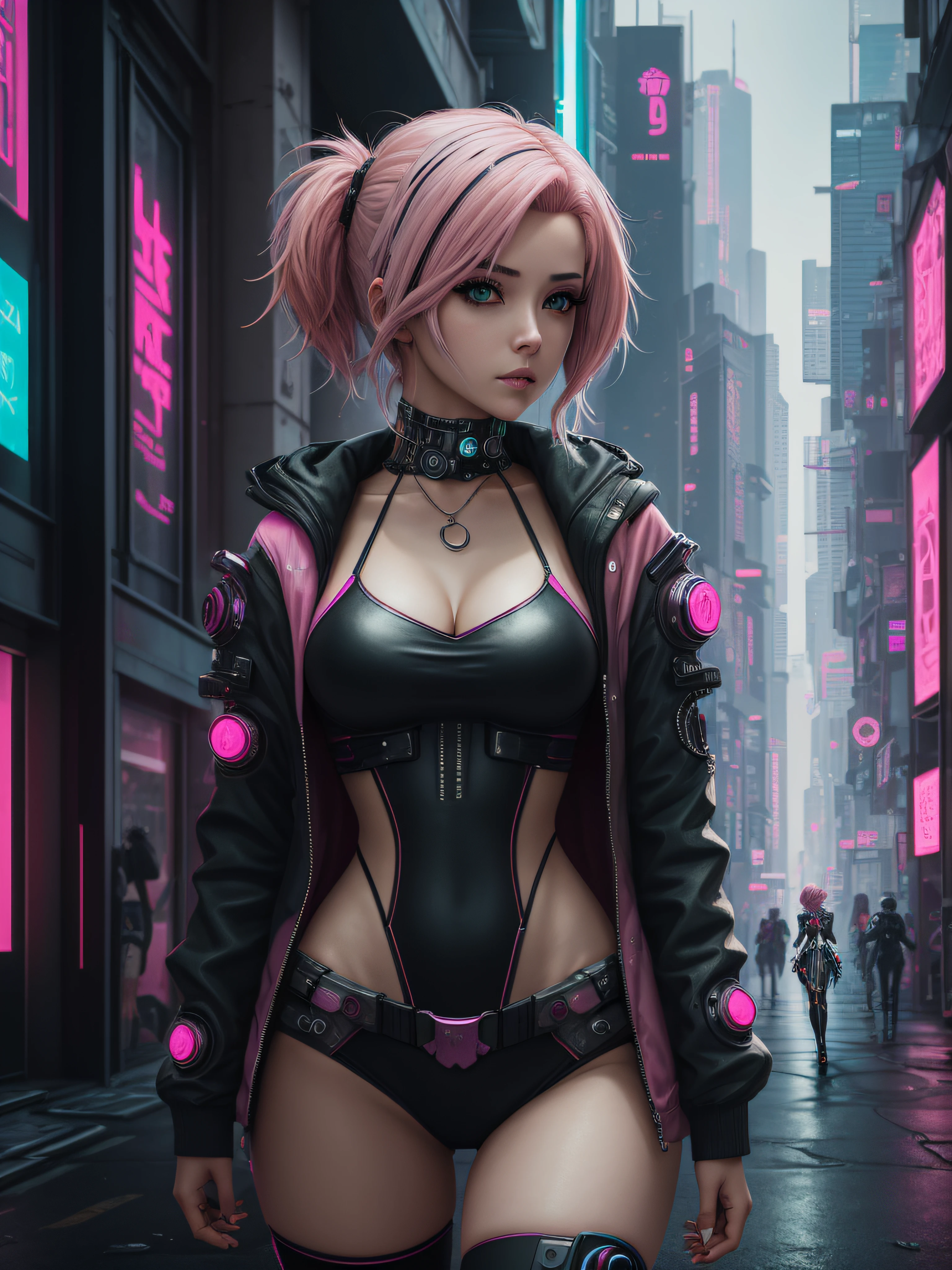 (cyberpunk woman with pink hair), anime girl cosplay, anime cosplay, cosplay, cosplay photo, cosplayer, professional cosplay, holy city background, photoshoot, highest quality, 8k, highly detailed, best quality --auto