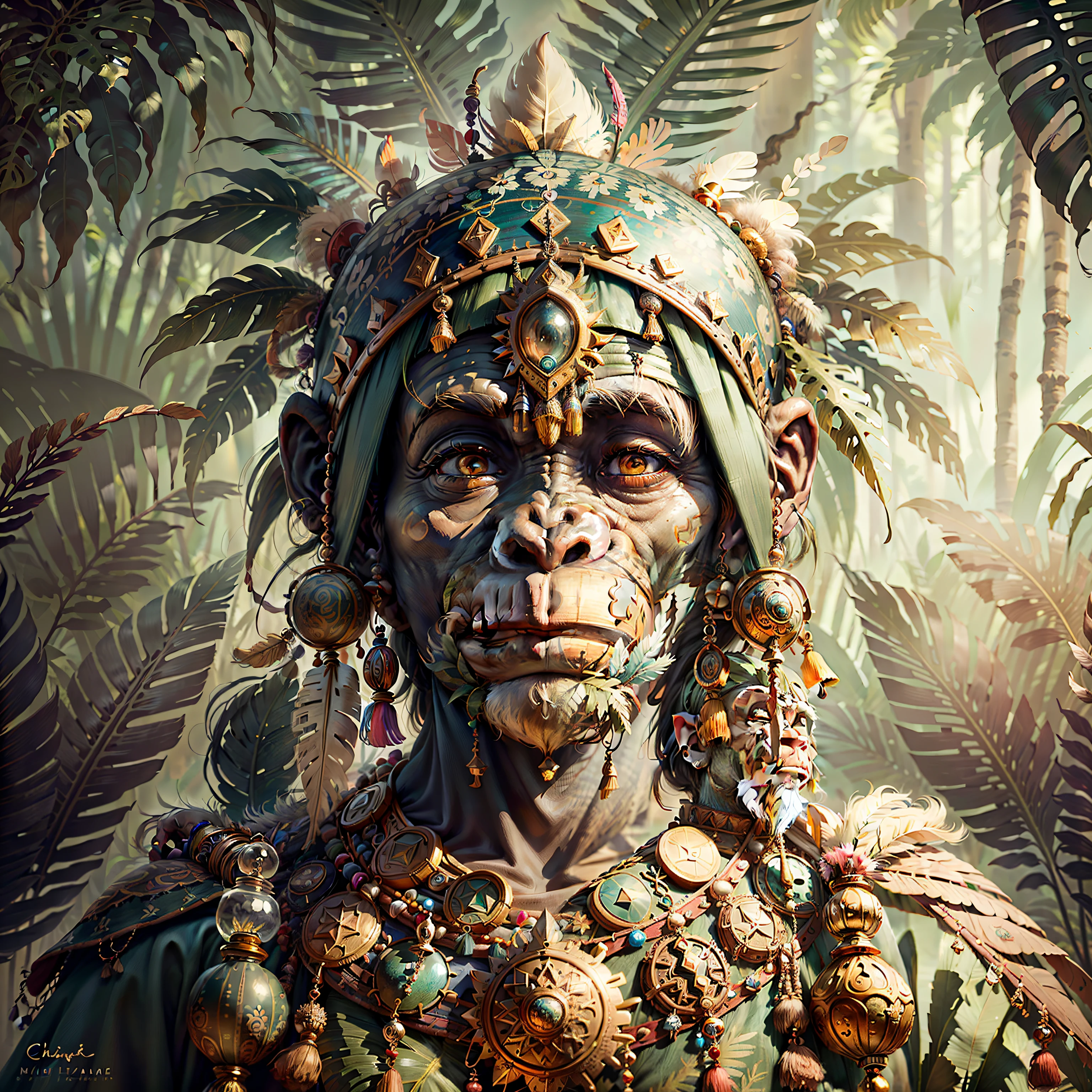 Cheerful Chimpanzee Head ((Shaman)),((meditative state),,Shaman, elegant chimpanzee, hair with details, with Indian headdress on head, ((meditating)) many colorful feathers, colored feathers, facing the camera, detail: dense tropical foliage, highly detailed intricate, ((masterpiece)), ultra hyperrealistic, masterpiece