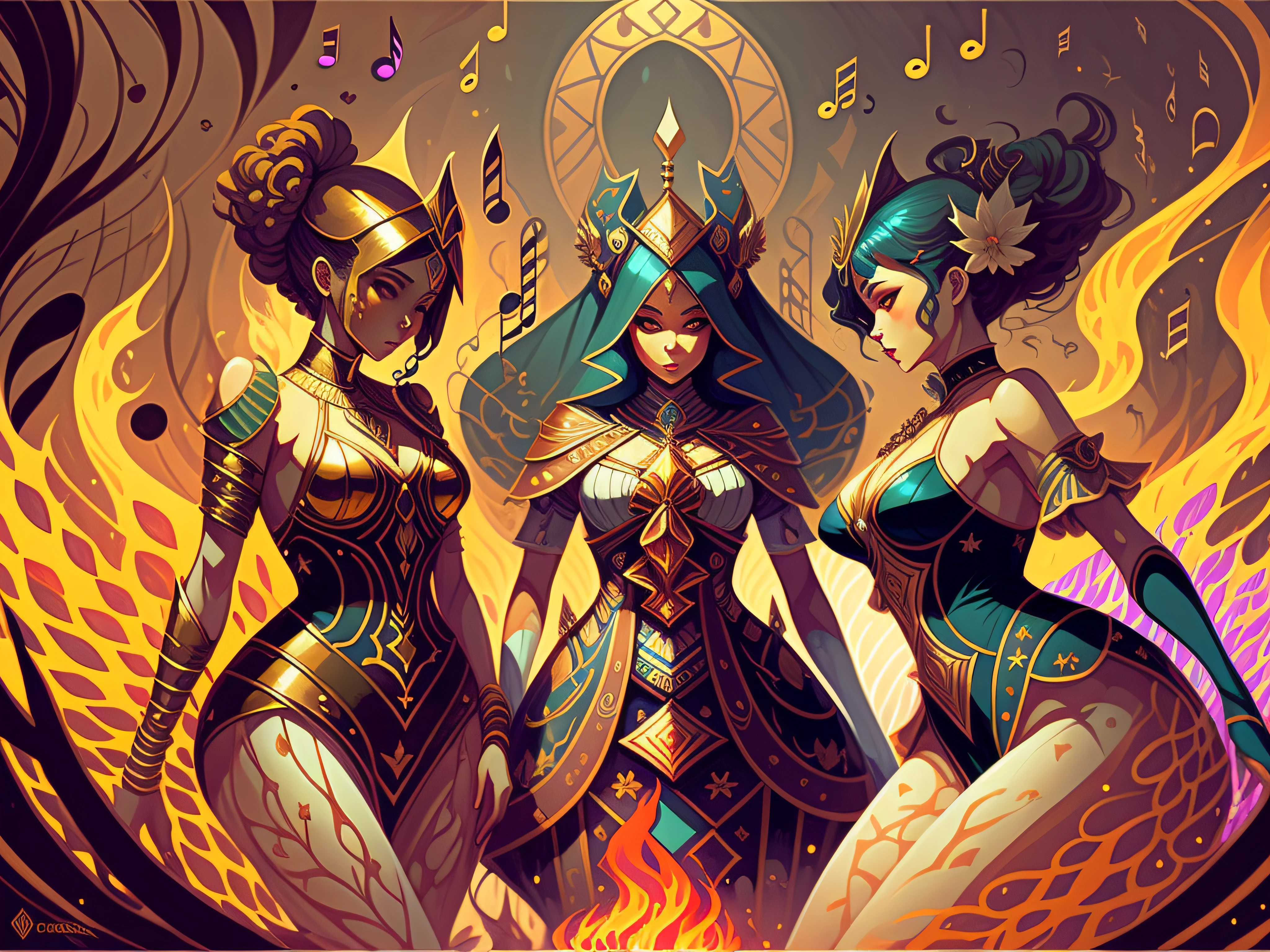 synthesiser , fractal , music , dance ,psychedelic , pop art,uhd,4k ,keyboard,music notes ,fairies, there are four woman dancing half naked, egyptian,moisty skin,standing in front of a fire, alice x. zhang, epic fantasty card game art, fantasy card game art, artgerm julie bell beeple, fantasy art behance, mohrbacher, 2. 5 d cgi anime fantasy artwork, alphonse mucha and rossdraws, peter mohrbacher