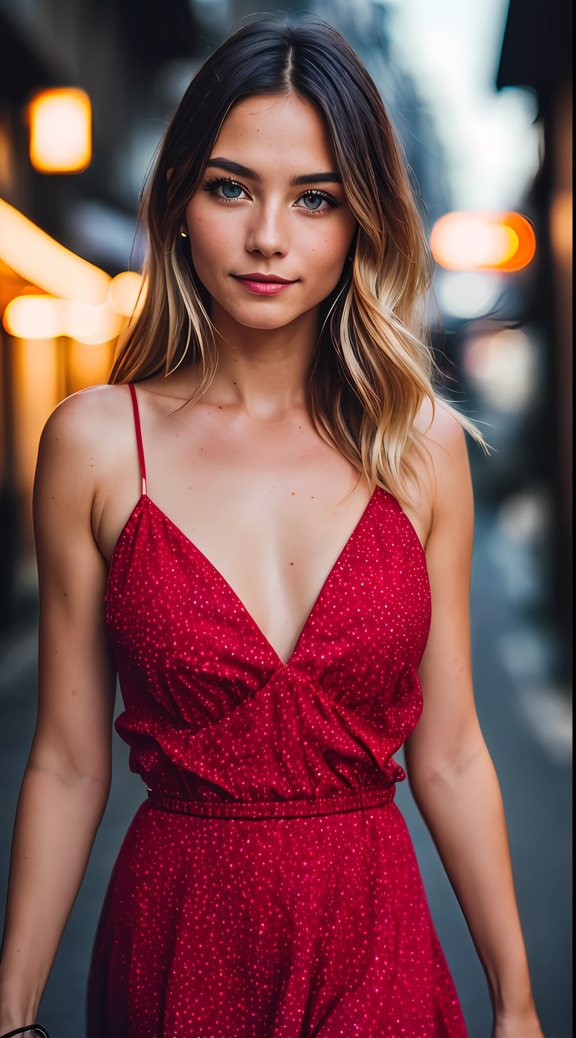 RAW uhd closeup portrait of a 24-year-old blonde (blue-eyed woman) walking down a dark alley, breasts naturais_b, chormakey green background, (red summer dress), (neckline), detailed (textures!, hair!, brightness, color!, imperfections:1.1), highly detailed bright eyes, (looking at the camera), specular lighting, dslr, ultra quality, sharp focus, sharp, dof, film grain,  (centered), Fujifilm XT3, crystal clear, center of frame, cute face, sharp focus, lamppost, neon lights, bokeh, (dimly lit), low key, at night, (night sky)