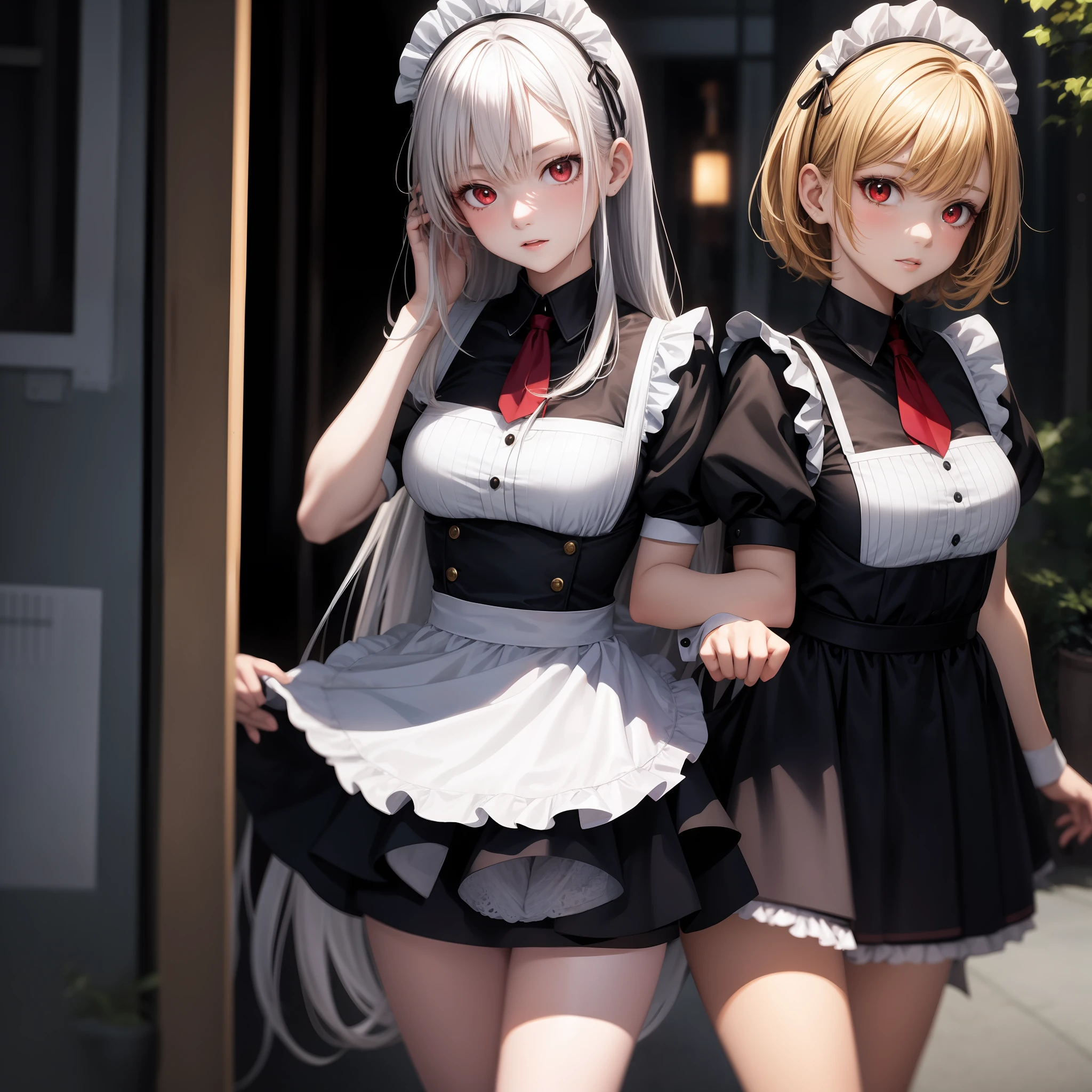anime, girl, blonde girl with red eyes, girl with white hair with red eyes, maid clothes