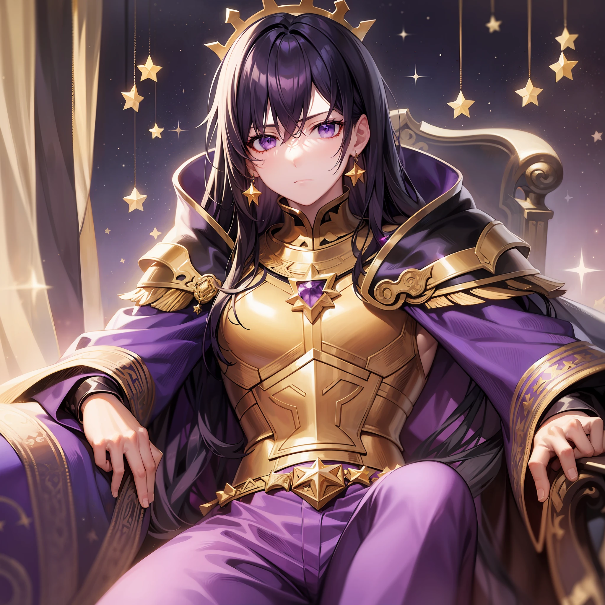 Buff man, emotionless, purple eyes, amethyst earrings, purple coat,armor, spiky shoulders, galaxy clothes, long collars, purple star cape, purple pants,straight black hair, golden crown, pale skin, in a palace, star curtains, among the stars, sitting on a throne, solo, cowboy shot, masterpiece