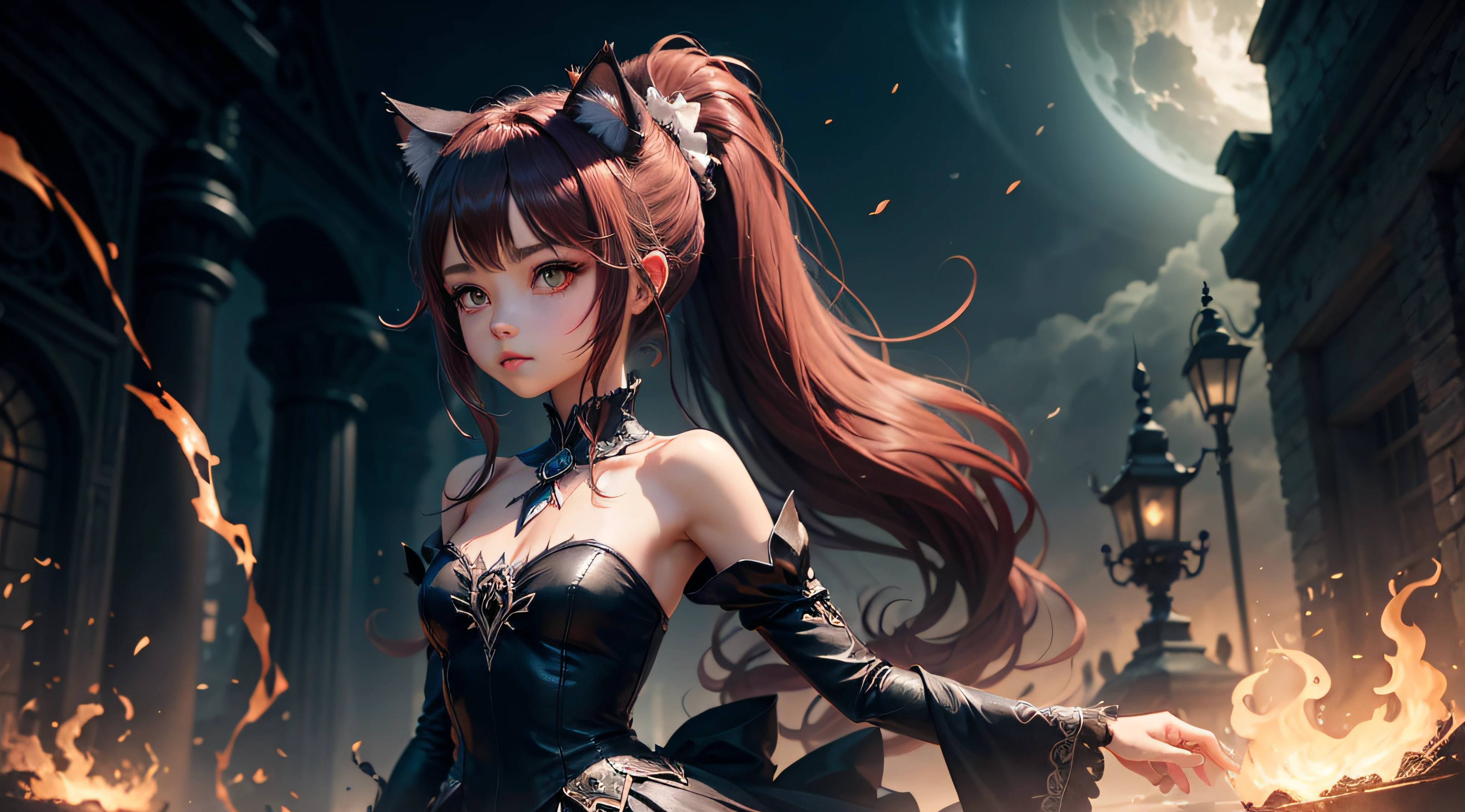 ponytail, cat ears, dark princess dress, demon realm background, magic --auto