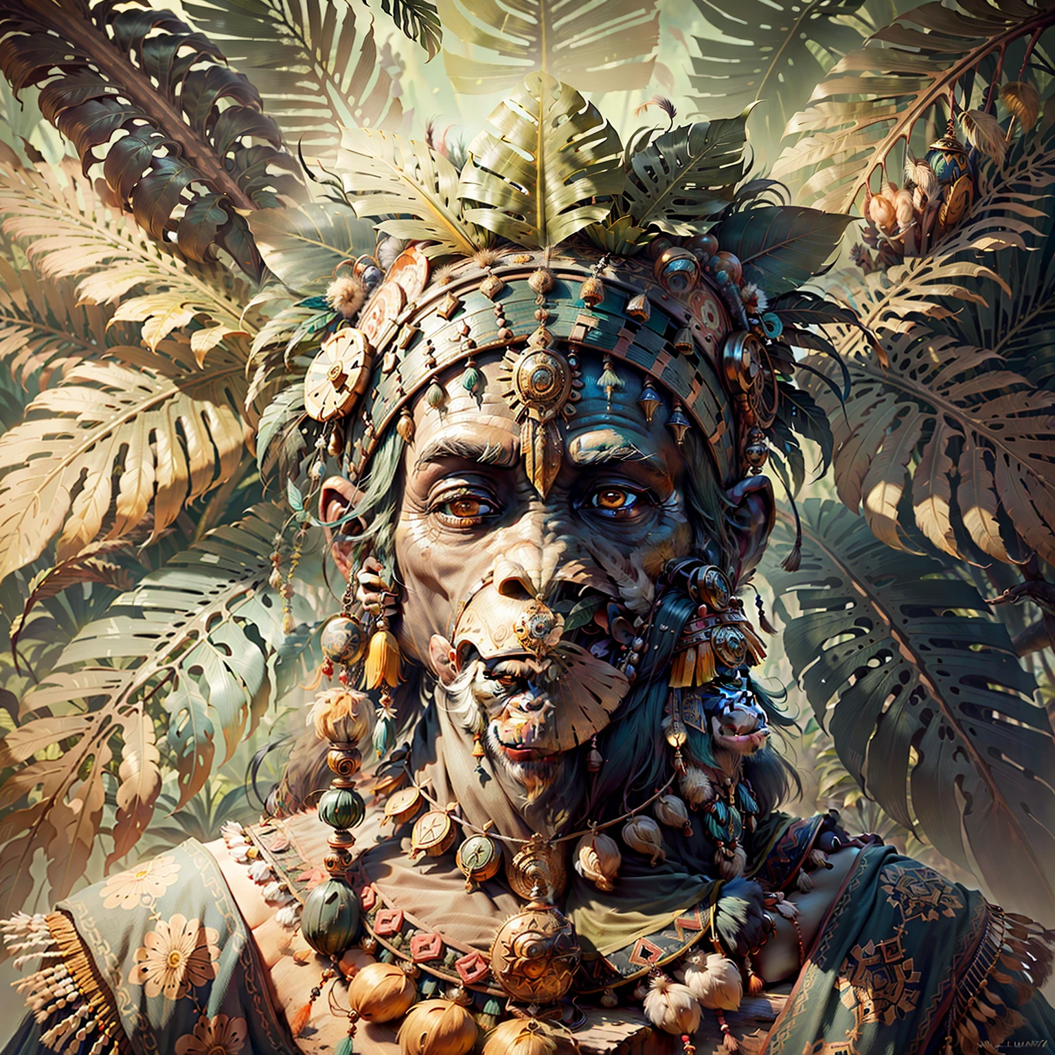 Cheerful Chimpanzee Head ((Shaman)),((meditative state),,Shaman, elegant chimpanzee, hair with details, with Indian headdress on head, ((meditating)) many colorful feathers, colored feathers, facing the camera, detail: dense tropical foliage, highly detailed intricate, ((masterpiece)), ultra hyperrealistic, masterpiece