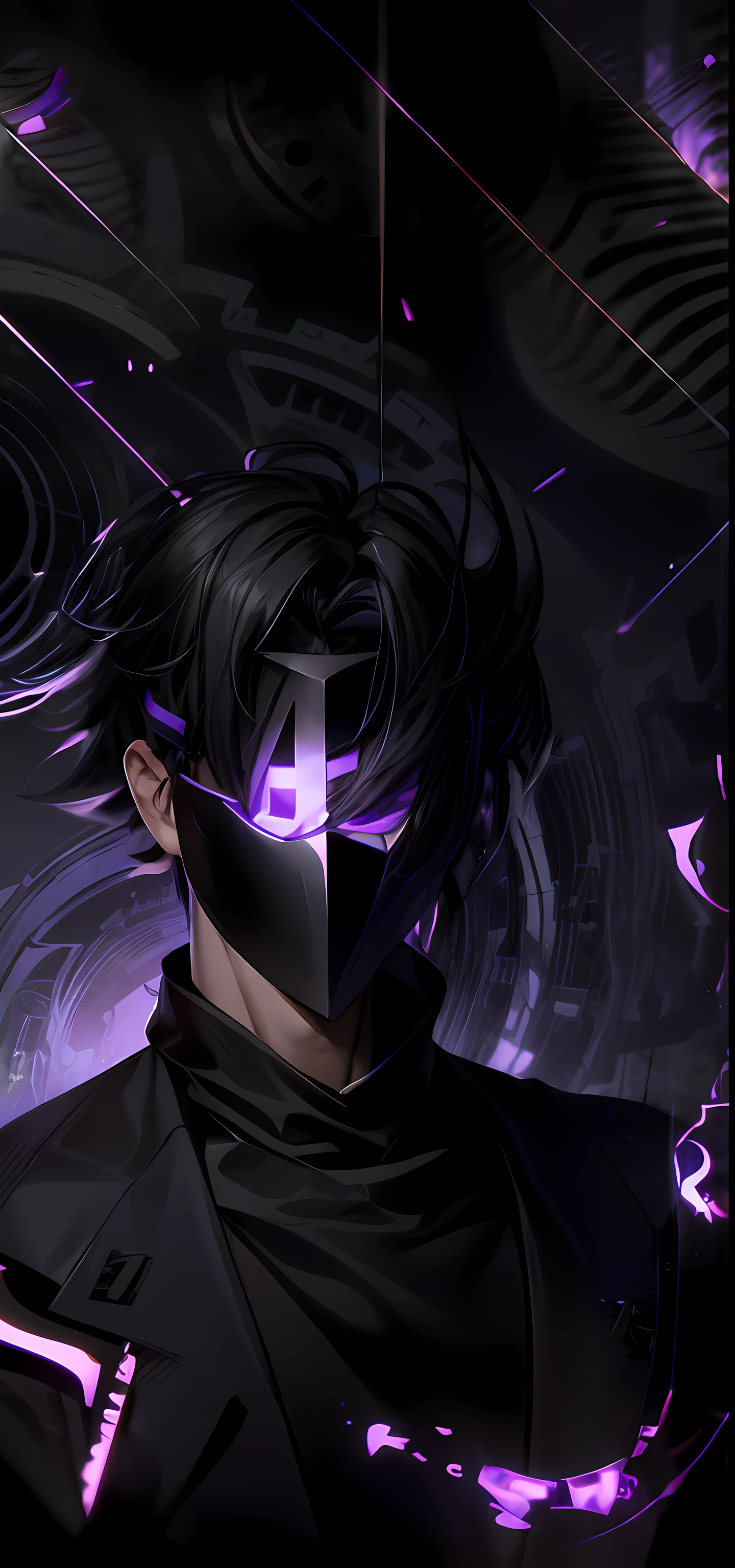 A young man with short black hair with a mask covering his entire face, on the mask there is a purple L, ( ( mask ) ), mask vega, light face [[purple]] [mask], mask without sharpness, unknown art style, anime style. 8k, visor, mask is complete, dark background, shadow world background, purple, purple L, man, short hair,