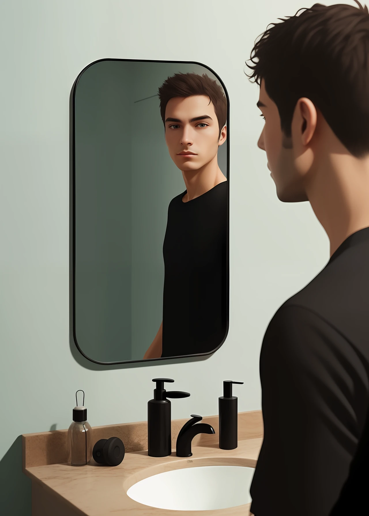 Realistic person looking at his reflection in the mirror