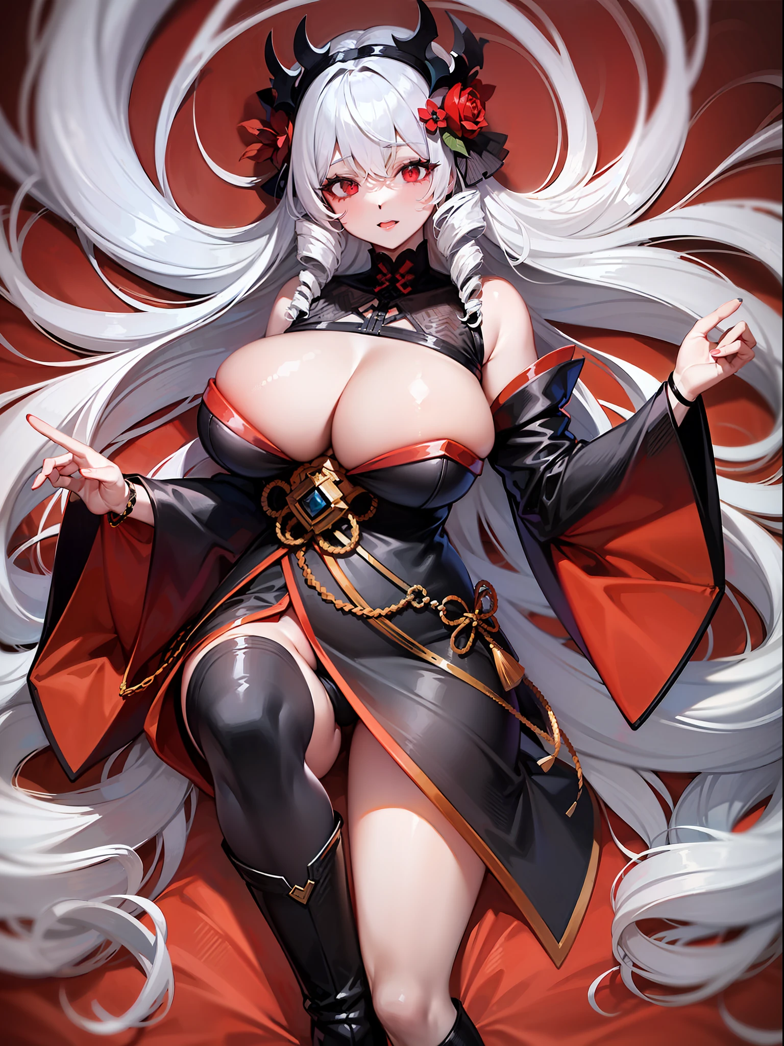 pale skin, mature woman, white hair, red eyes, collapsed town, night, glowing eyes, shoulders, very long hair, (drill hair: 1.3), darkness, black kimono, (arms raised to head: 1.3), red background, from above, aroused, breath, huge hips, huge breasts, floral hair ornaments, long knee high boots,