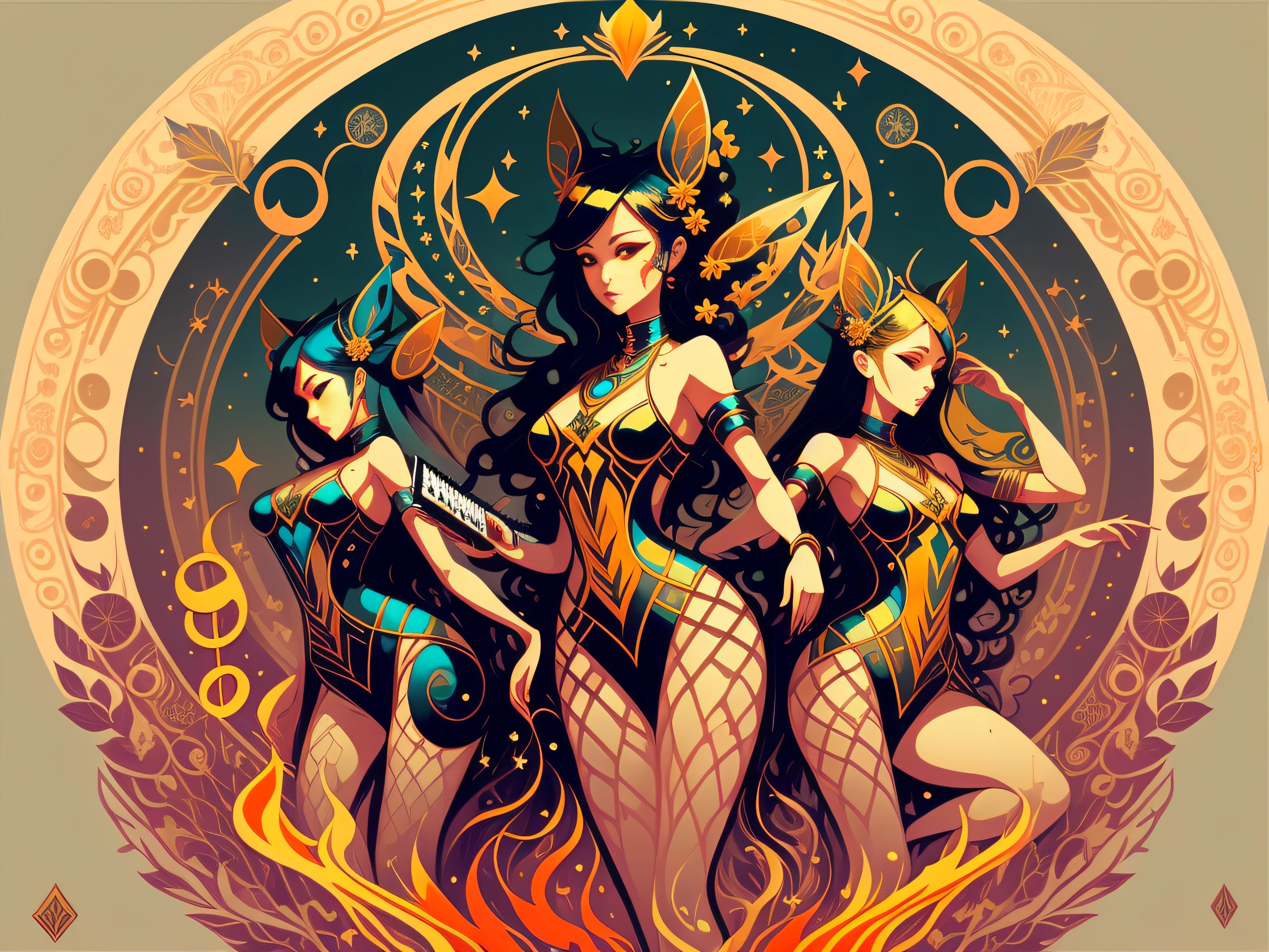 synthesiser , fractal , music , dance ,psychedelic , pop art,uhd,4k ,keyboard,music notes ,fairies, there are four woman dancing half naked, egyptian,moisty skin,standing in front of a fire, alice x. zhang, epic fantasty card game art, fantasy card game art, artgerm julie bell beeple, fantasy art behance, mohrbacher, 2. 5 d cgi anime fantasy artwork, alphonse mucha and rossdraws, peter mohrbacher