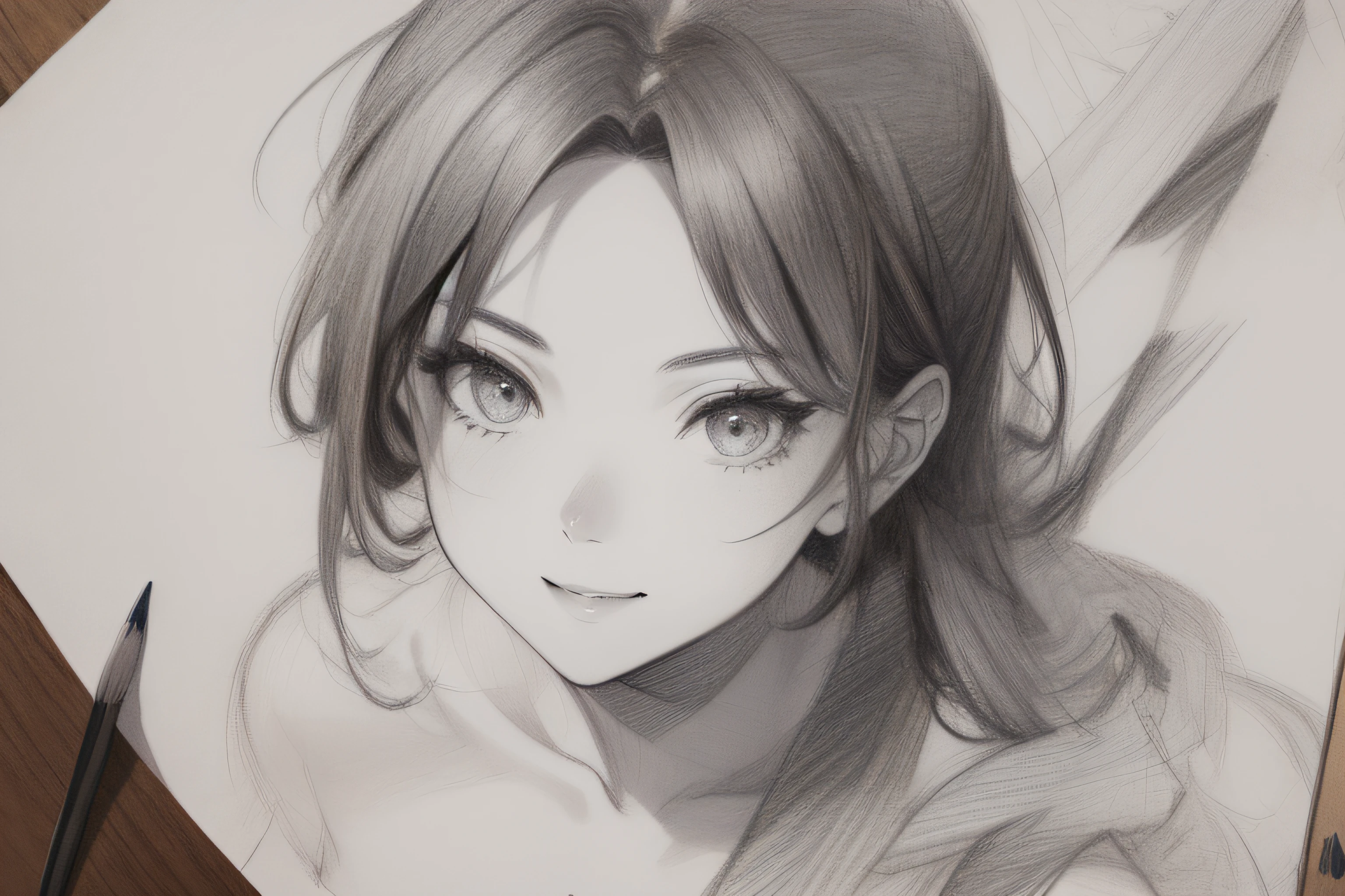 (masterpiece, top quality: 1.2), ultra detailed, cinematic lighting, HDR, sketch, portrait, sketch, ((((Detailed pencil drawing)))), one beautiful woman, upper body, 25 years old, slim body, cute smile, impressive, margins, inspiration, dynamic angle,