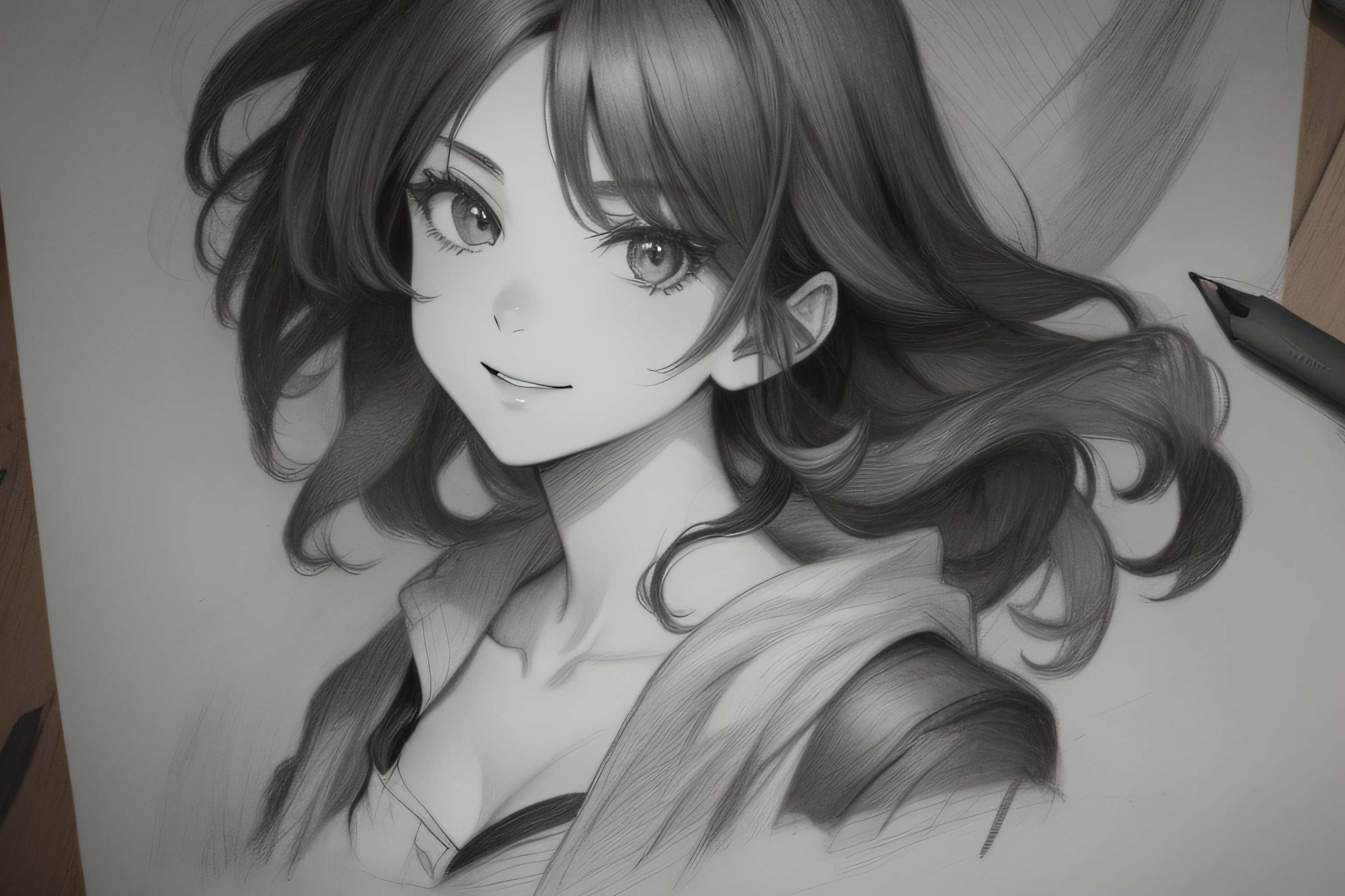 (masterpiece, top quality: 1.2), ultra detailed, cinematic lighting, HDR, sketch, portrait, sketch, ((((Detailed pencil drawing)))), one beautiful woman, upper body, 25 years old, slim body, cute smile, impressive, margins, inspiration, dynamic angle,