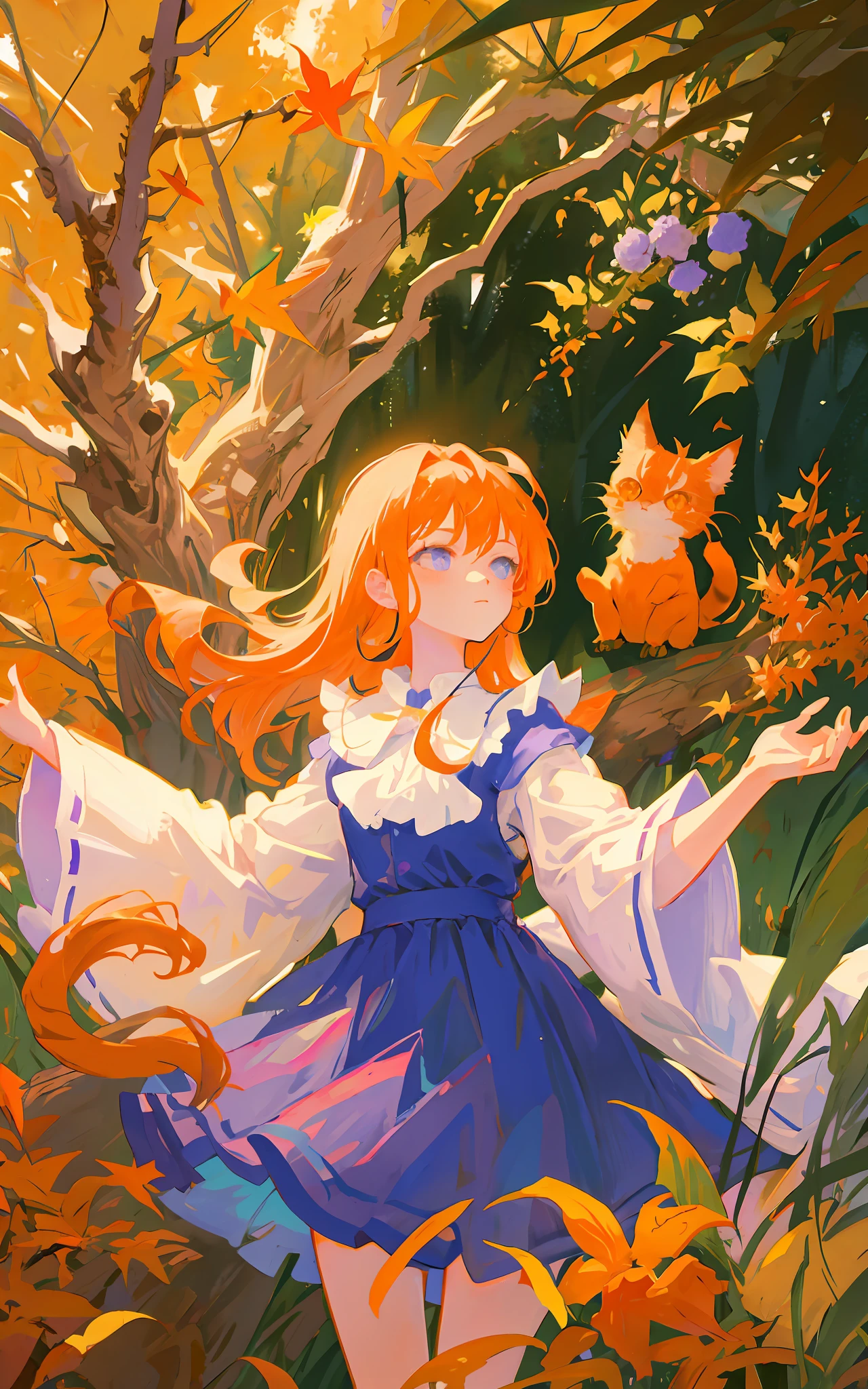 Western drawing of alice in wonderland with her orange cat in autumn in a forest with purple flowers and blue cups.