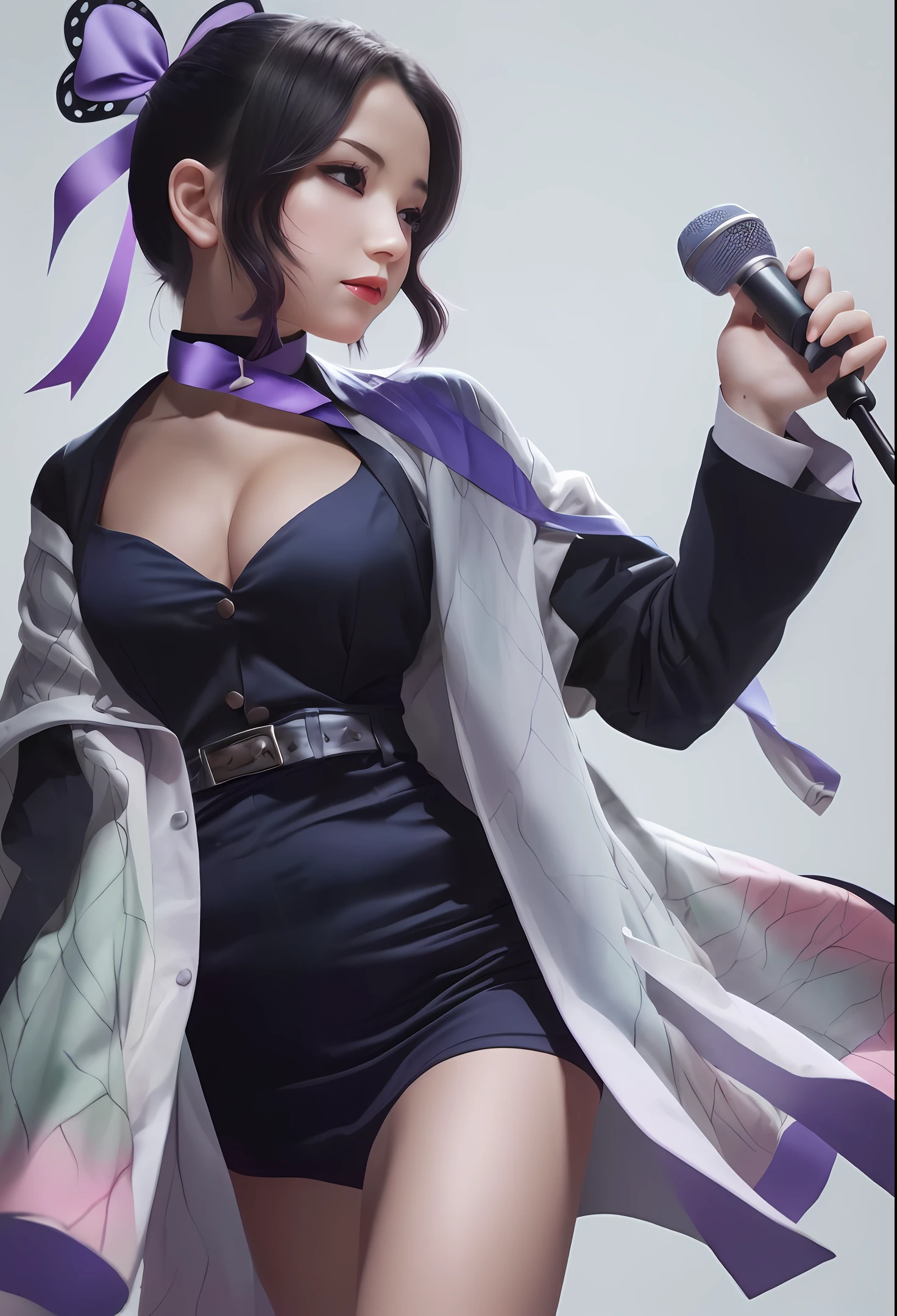 Adult woman with dark hair (half up), dark blue suit, (holding a microphone), (purple ribbon around neck), (Disney art), delicate, white Background