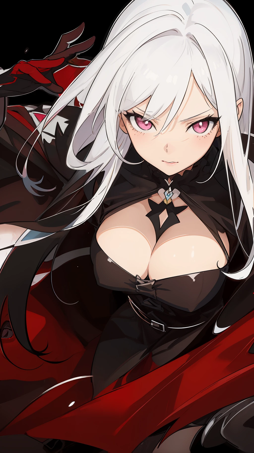 anime - style image of a woman with long white hair, pink eyes and a black cape, cleavage, zerochan art, extremely detailed artgerm, guweiz in pixiv artstation, artgerm style, guweiz in artstation pixiv, by yang j, gothic maiden anime girl, artgerm in artstation pixiv, artgerm and rossdraw
