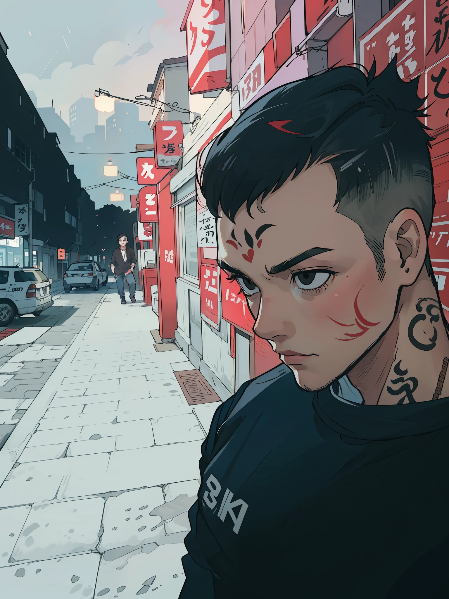 20-year-old boy with Brazilian face and round chin without beard, short hair, crop haircut, black eyes, no pimples on his face and with tattoo under his eye with red ink written love in Japanese kanji, cyberpunk style scenario, 4k, anime 2d