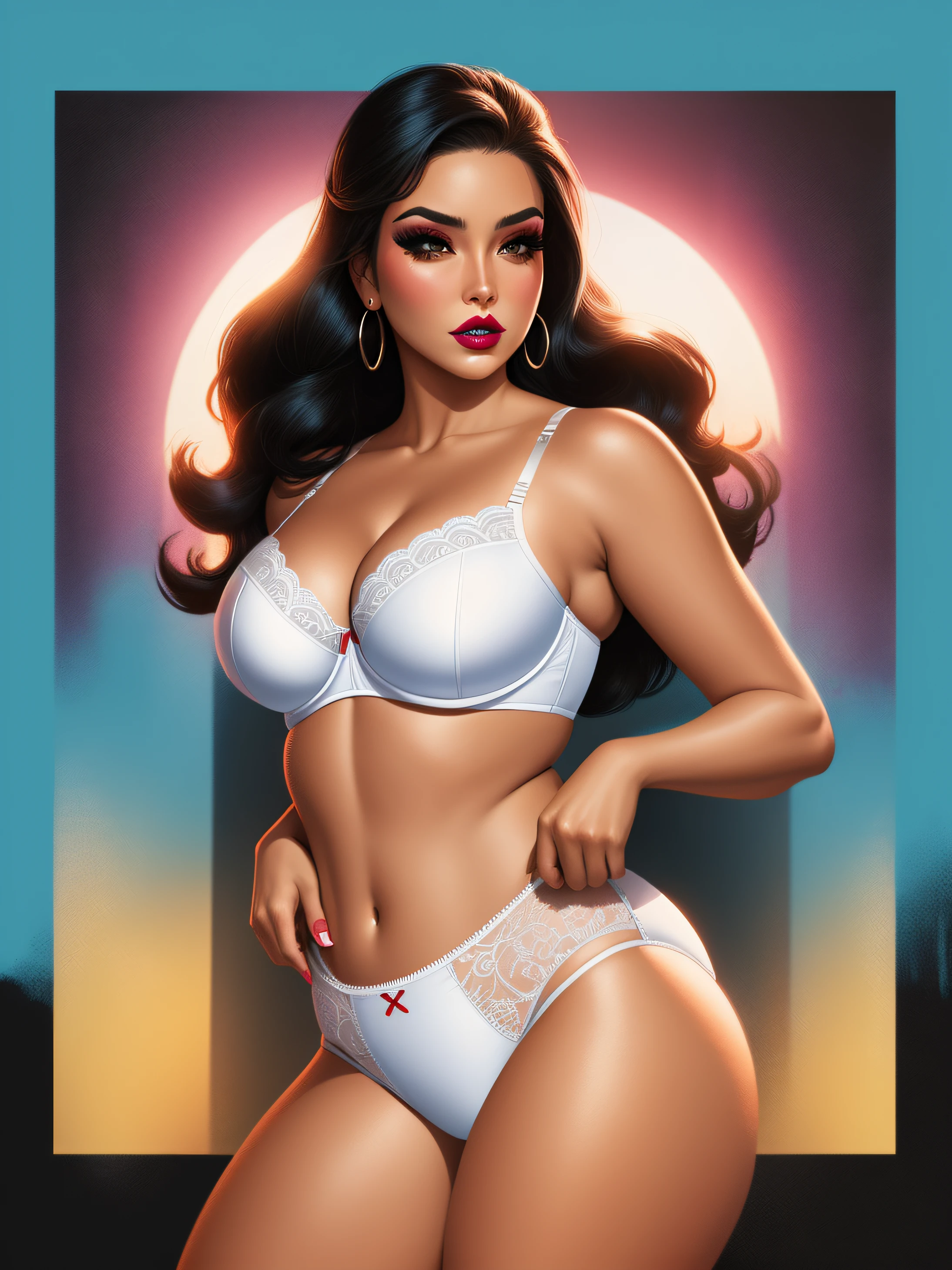 Curvy Hispanic woman, in white bra, pulling up white cotton panties, wearing eye-shadow and lipstick, comic book art style, intricate details