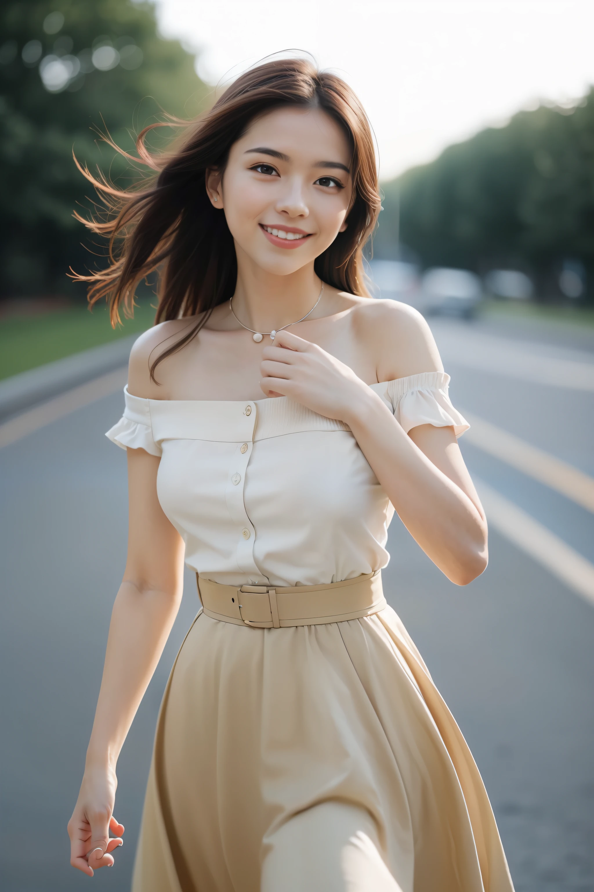 (8k, RAW photo, best quality, masterpiece:1.2),(realistic, photo-realistic:1.4),ultra high res,photon mapping,radiosity,((Hasselblad photography)),physically-based rendering,professional soft lighting,light on face,
This scene should be captured on 35mm film,with a beautiful depth of field and a slightly blurry,nostalgic background,film portrait photography,35mm film,filmg,cowboy shot,bokeh:1.2,outdoors,1980s \(style\),vintage details,streetscape,
1 teenage girl,fit,solo,(bright smile:1.3),(1980s dress, (long skirt:1.2)),(short sleeves,off shoulder:1.1),dynamic pose,running,
(medium_breasts),(floating_hair),tiny_waist,(realistic_detailed_skin_texture:1.1),good hands,fix,good feet,