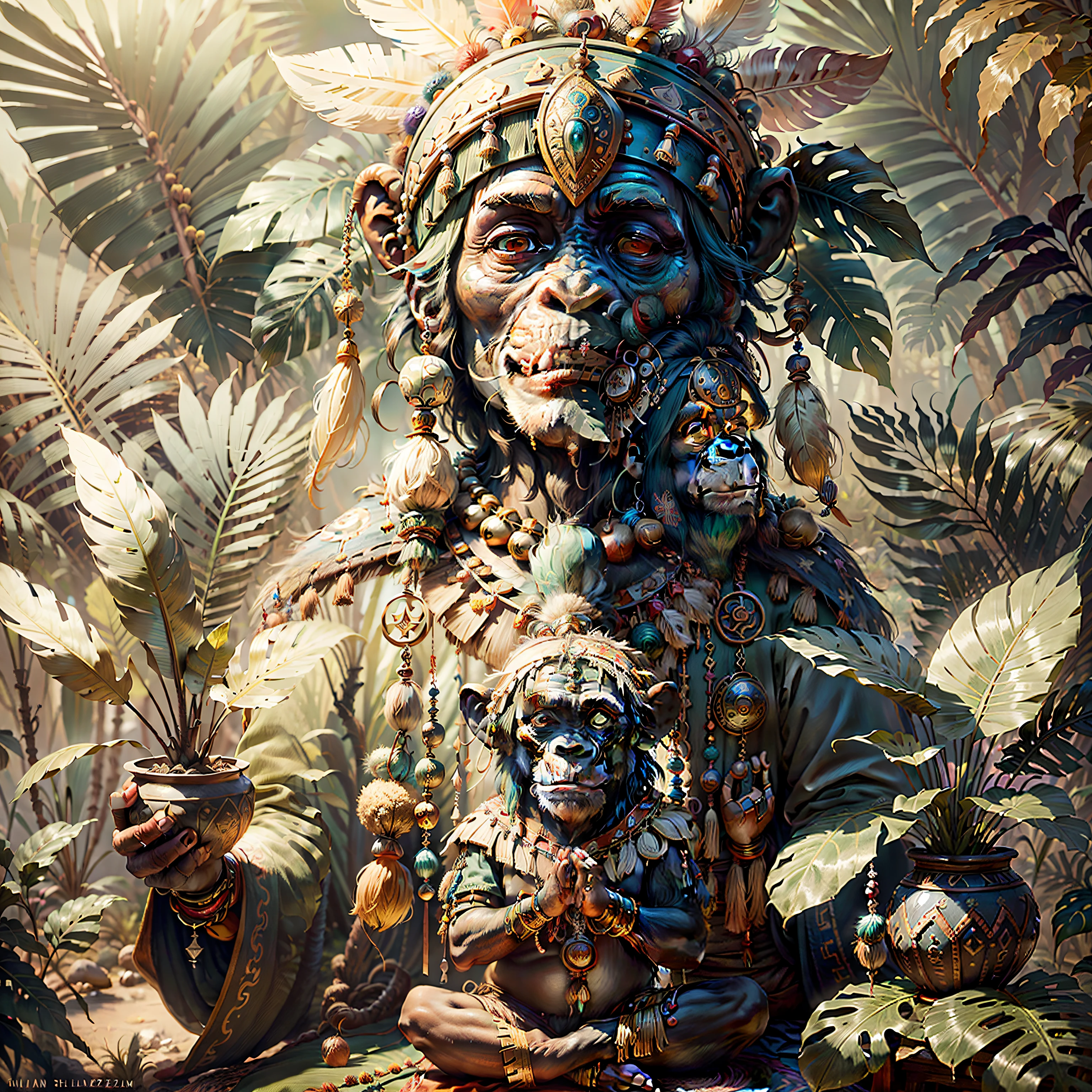 Cheerful Chimpanzee Head ((Shaman)),((meditative state),,Shaman, elegant chimpanzee, hair with details, with Indian headdress on head, ((meditating)) many colorful feathers, colored feathers, facing the camera, detail: dense tropical foliage, highly detailed intricate, ((masterpiece)), ultra hyperrealistic, masterpiece