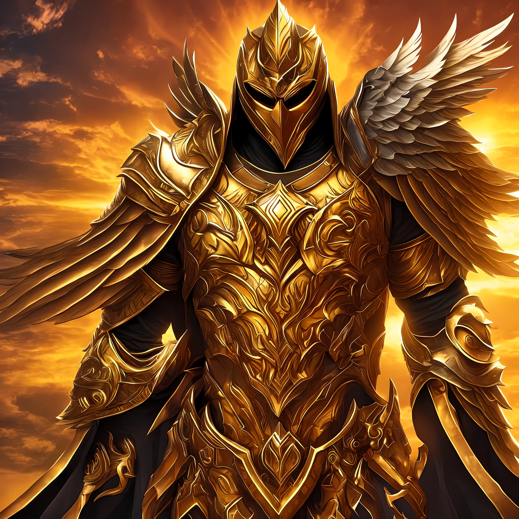 A man who has two iron wings and is flying in the sky, and the sun is patterned on his back, his face is covered with light and his face is completely luminous, his clothes are golden and he has muscles, golden armor, he has a golden spear in his hand, God --auto