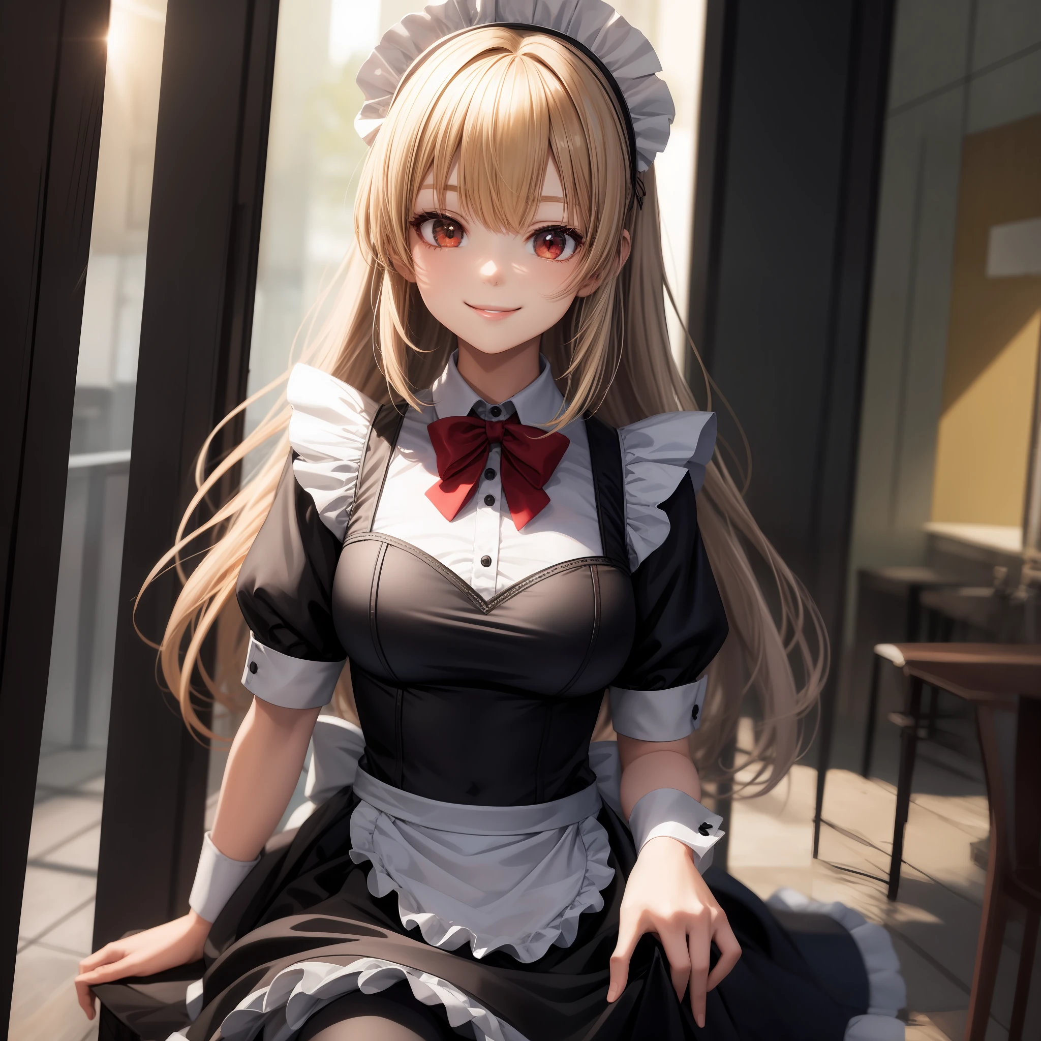 anime, girl, red eyed blonde girl, red eyed gray haired girl, maid outfit, smile, sunlight, sun