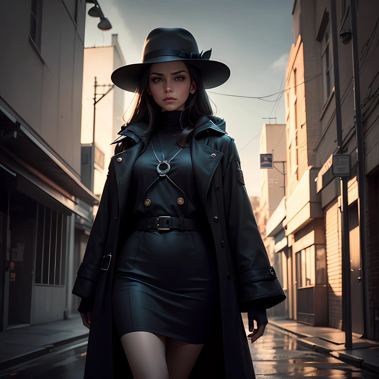 The image in question depicts a captivating and intriguing noir-style scene. The composition is in black and white, with strong and contrasting strokes that emphasize the mysterious and dark atmosphere. In the center of the image, we see an elegant woman, wearing a long overcoat, hat and gloves, standing on the corner of a dark, rainy street. She is illuminated by a beam of light coming from an old pole, which casts dramatic shadows around her.

In the background, there are stately, shadowy skyscrapers, with only partially lit windows, suggesting hidden activities and hidden secrets. The rain falls incessantly, adding an additional layer of mystery and melancholy to the scene.

The expression on the woman's face is enigmatic and full of determination, conveying the feeling that she is involved in something much bigger than she appears. She holds a futuristic technological device, which emanates a subtle glow, indicating that she is interacting with an AI or using advanced programs.

In the lower right corner of the image, there is a command prompt, perfectly integrated into the design, with a stylized font that resembles old typewriter letters. The prompt displays lines of code and cryptic symbols, evoking the idea of a sophisticated interaction with artificial intelligence.

The image conveys a sense of mystery, advanced technology and a fascinating narrative. It's an invitation to explore a world where artificial intelligence and noir meet, where secrets are revealed and challenges await those willing to dive into an intriguing journey full of discovery. --auto