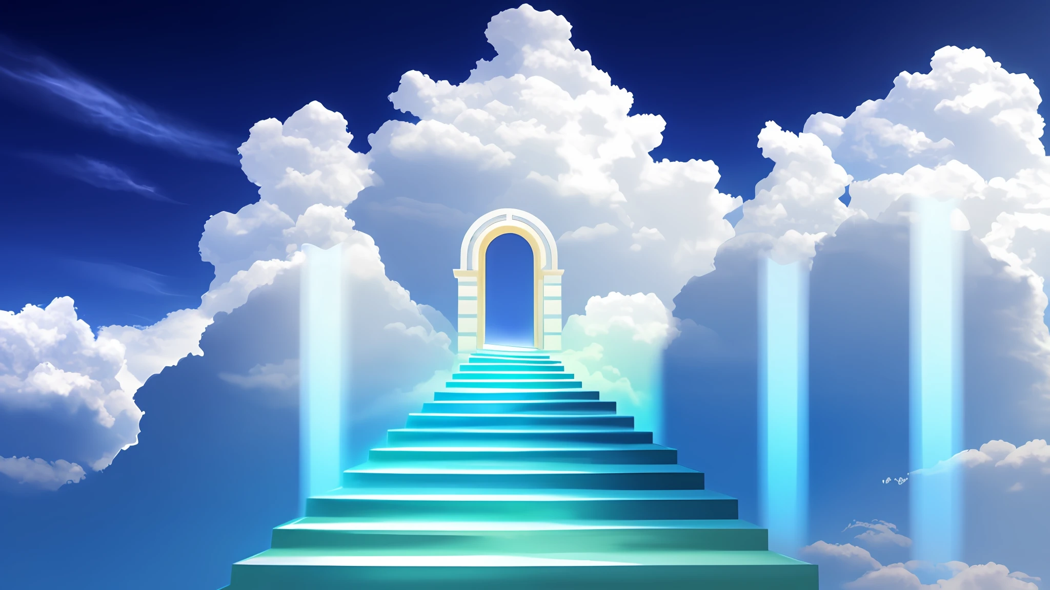 Arfed staircase leading to a bright blue sky with clouds, staircase to heaven, leading to heaven, gate of heaven, bottom of heaven, door of heaven, gates of heaven, stairs from hell to heaven, portal to the ethereal realm, female ascending to heaven, rising from heaven, luminous sky background of heaven --auto