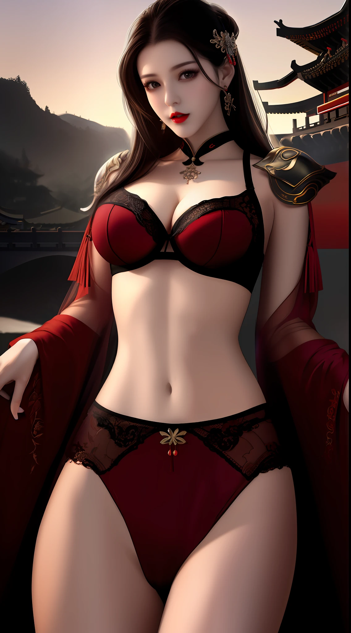 Realistic, 1 girl, see-through chinese armor soft red black, very large breasts, black hair, red lips, detailed eyes , dark backgrou,,Low light, Chinese underwear, best face, Low light landscape, sexy style, royal, Penetration , chinese underwear,bust, Dark background, Detailed face, taken from the belly up