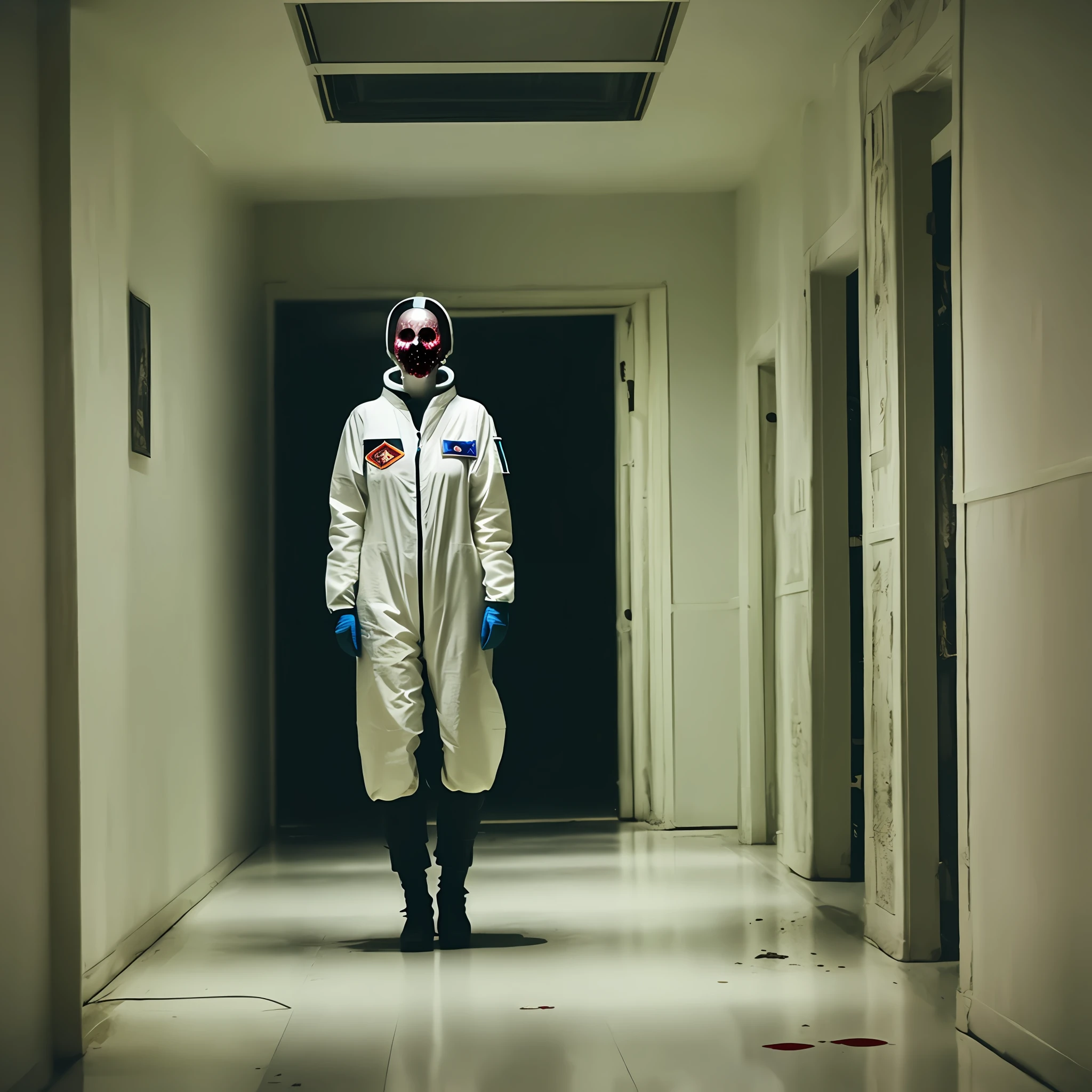 Woman with eyeless space suit in hallway filled with blood stains on the walls, flashlight light, sharp tooth, hazy, confused,horror,nightmare,dark tones,macabre aspects