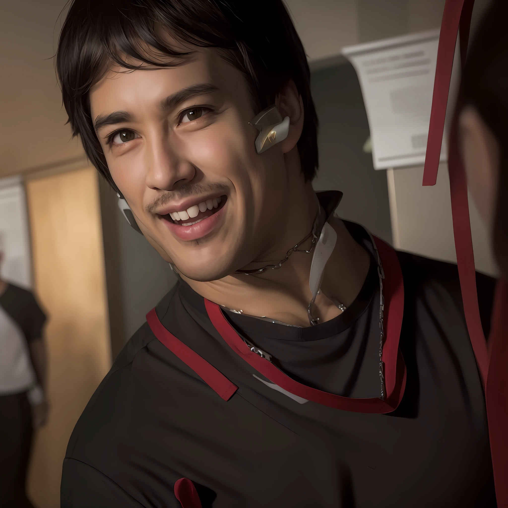 "A smiling man wearing a black and red shirt, with an animated energy around him, anime