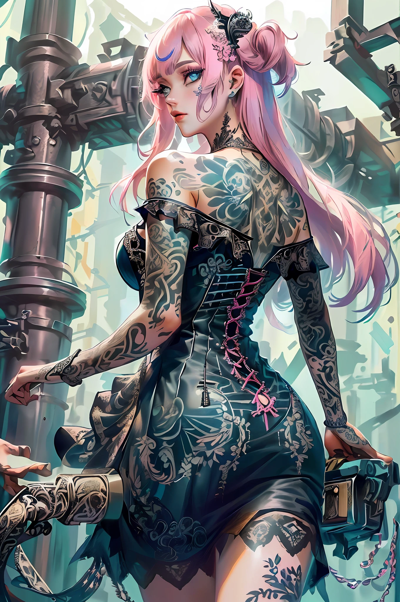 complex details beautiful and delicate eyes, PastelGothAI dress, PastelGothAI background, off-the-shoulder, tattoo, irezumi, Ultra-realistic 8K CG, masterpiece, ((ultra-detailed background, delicate pattern, intricate details)), best quality, intricate details, 1girl, solo, long hair, messy hair, from behind